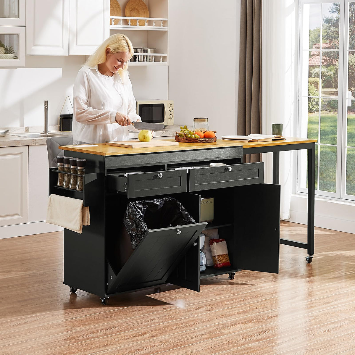 Kitchen Islands with Extendable Dining Table, Mobile Storage Islands, Black