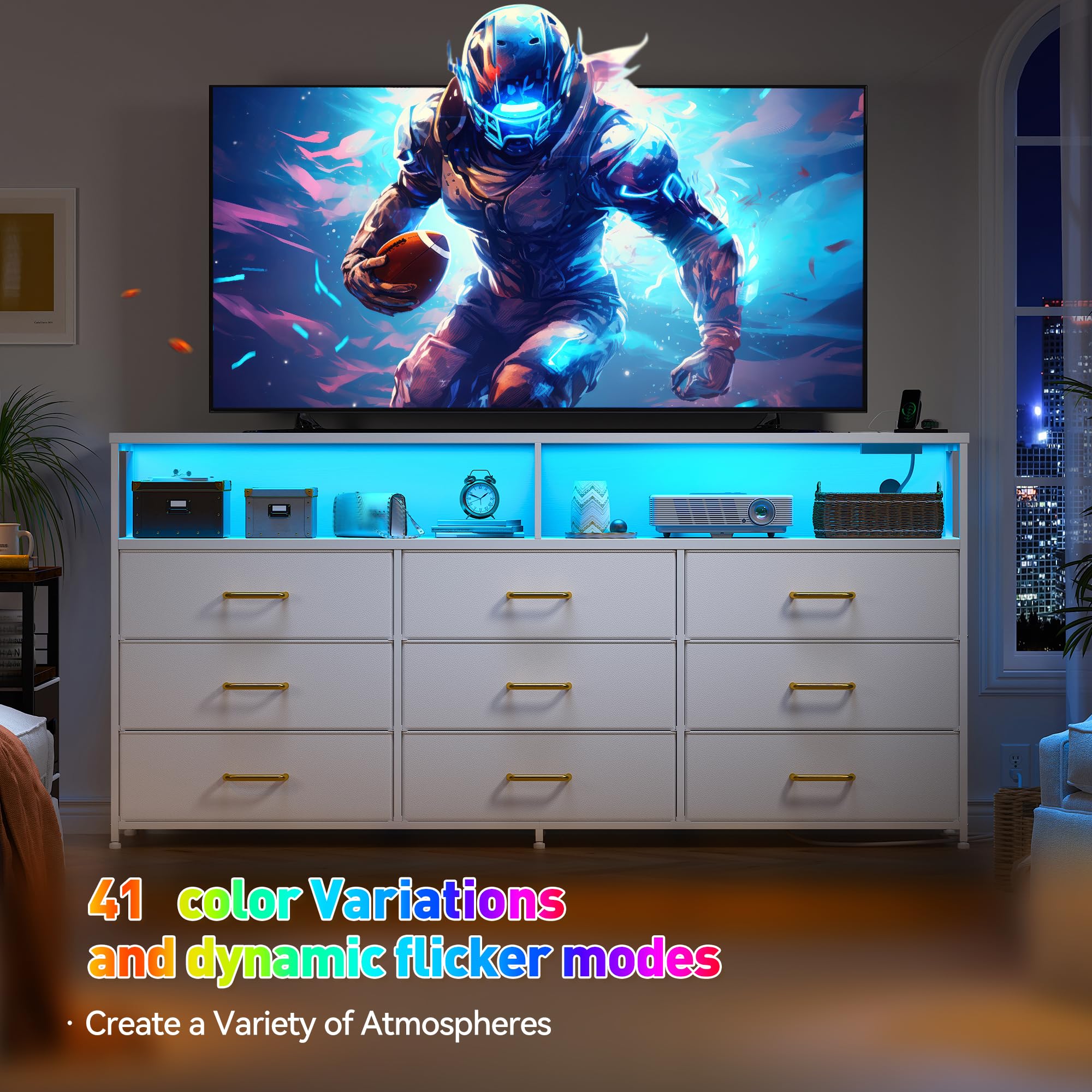 EnHomee 55" W White Dresser for Bedroom with Charging Station & LED Light, 65 Inch TV Stand with 9 Fabric Drawers, Sturdy Dressers & Chest of Drawers with 2 Wood Open Shelves,55.12" Wx11.81 Dx35.43 H