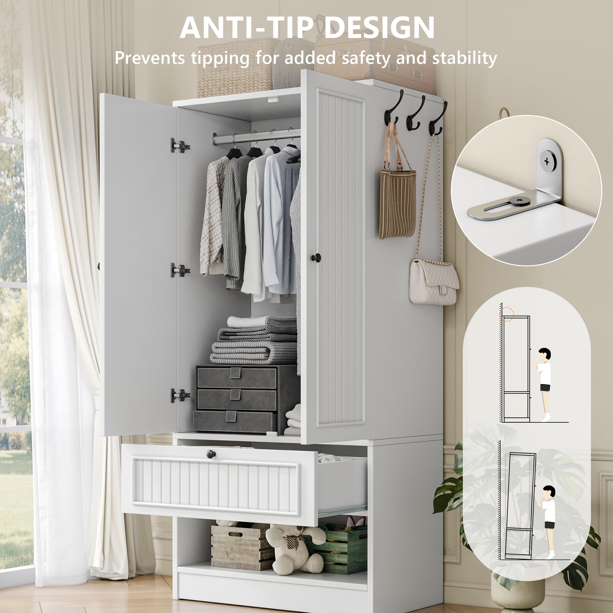 Einhomn 70" Armoire Wardrobe Closet with Doors & Mirror,Wooden Wardrobe with Drawers and 3 Side Hooks,Large Freestanding Bedroom Storage Wardrobe Cabinet,White