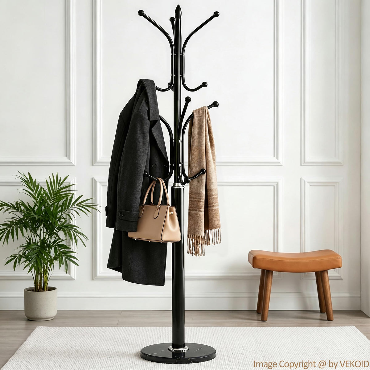 VEKOID 12 Hooks Metal Coat Rack Freestanding Coat Tree with Marble Base, Heavy Duty Coat Rack Stand for Clothes Hats Bags, Coat Hanger Stand for Corner Entryway Bedroom Office (Black)