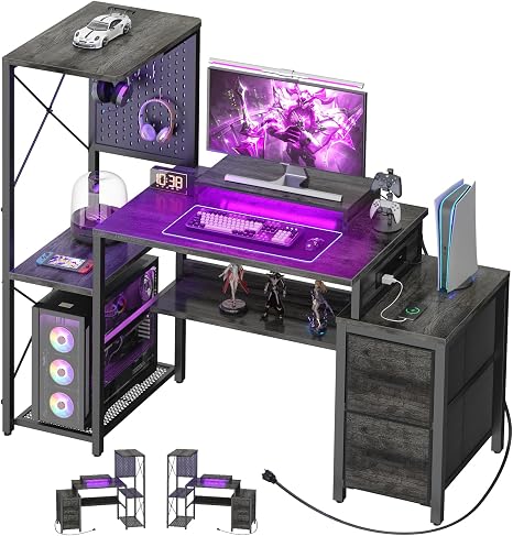 Gaming Desk with Drawers, LED Lights & Power Outlet