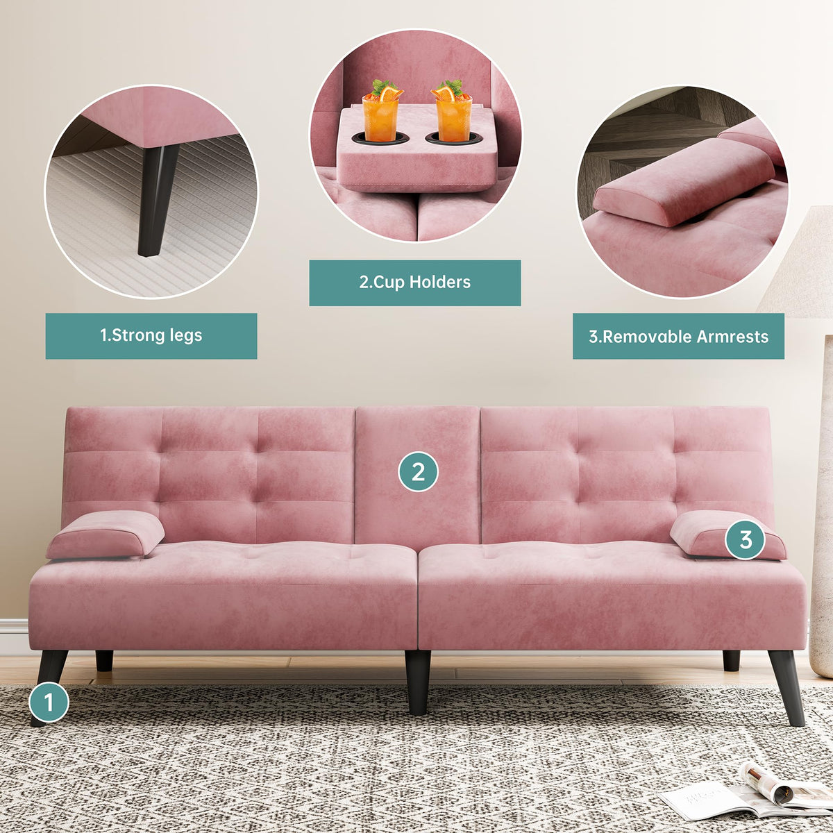 Meilocar Futon Sofa Bed, 64 in Small Couch with Cup Holders, Pink