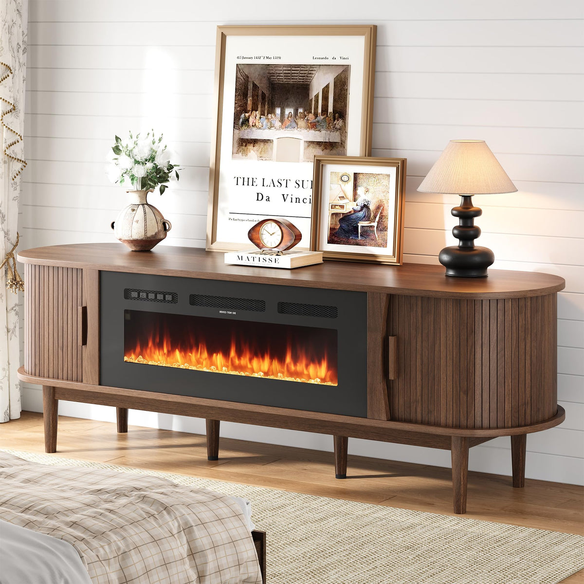 Decofy 70" Fireplace TV Stand for TVs Up to 80" for Living Room, Walnut