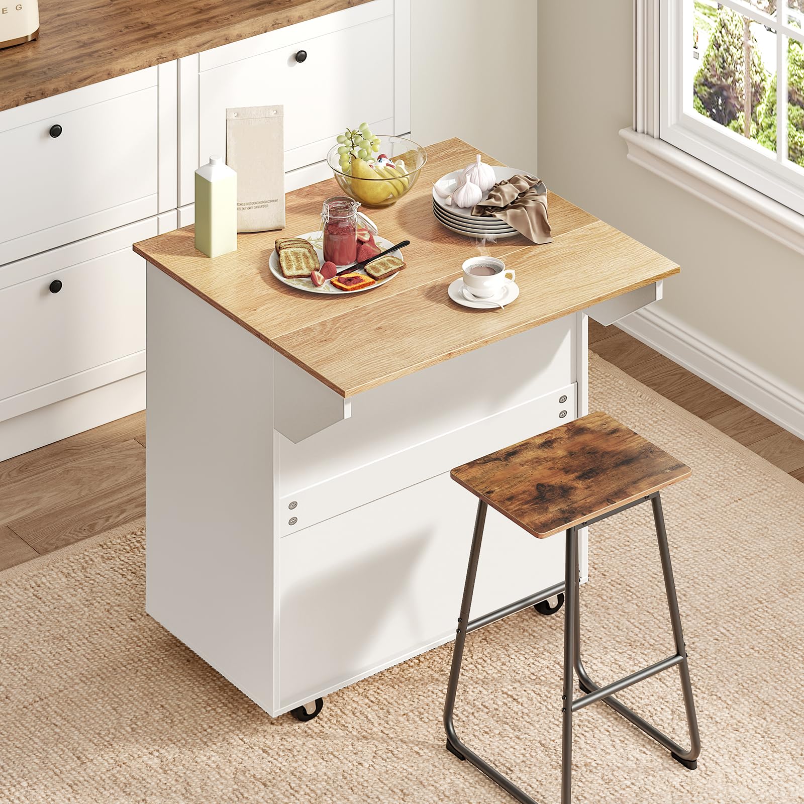 Kitchen Island Cart with Drop Leaf & Folding Countertop