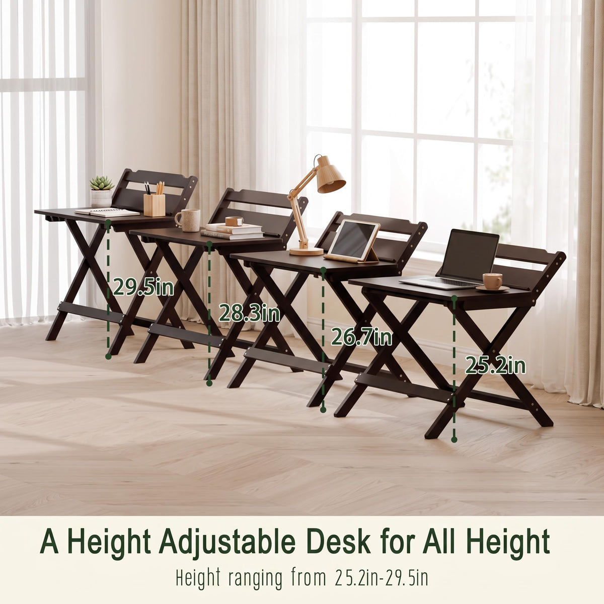 JORZIK Bamboo Foldable Desk, 31" Portable Oversized Desk with 4 Adjustable Heights,Home Office Computer Desk with ReadingShelf, Perfect Furniture for Living Room &Bedroom, No Assembly (Walnut)