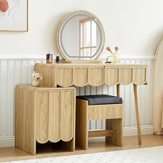 Wave Panel Vanity Desk with Mirror & Lights