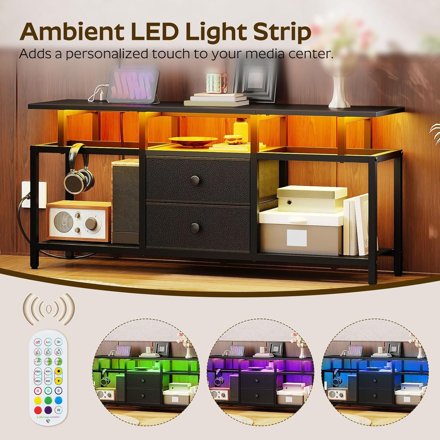 YATINEY TV Stand with LED Light and Power Outlets, Entertainment Center with Fabric Drawers and Open Shelves, 41.7" TV Cabinet for TVs up to 45 Inch, Media Console for Living Room, Bedroom, DS03UDBB