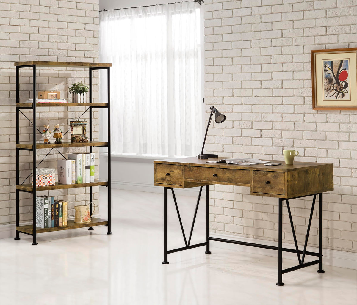 Coaster Home Furnishings - Analiese - Metal and Wood - 2-Piece Computer Desk and Bookcase Set with Three Storage Drawers, Four-Shelf Bookcase - Farmhouse - Home Office - Rustic Nutmeg - 801541-S2