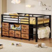 Feonase Low Loft Bed Twin Size with 8 Storage Drawers, Twin Loft Bed with Bookcase, Metal Kids Loft Bed with 13" H Safety Guardrail, Under-Bed Play Space and Play Curtain for Kids, Rustic Brown