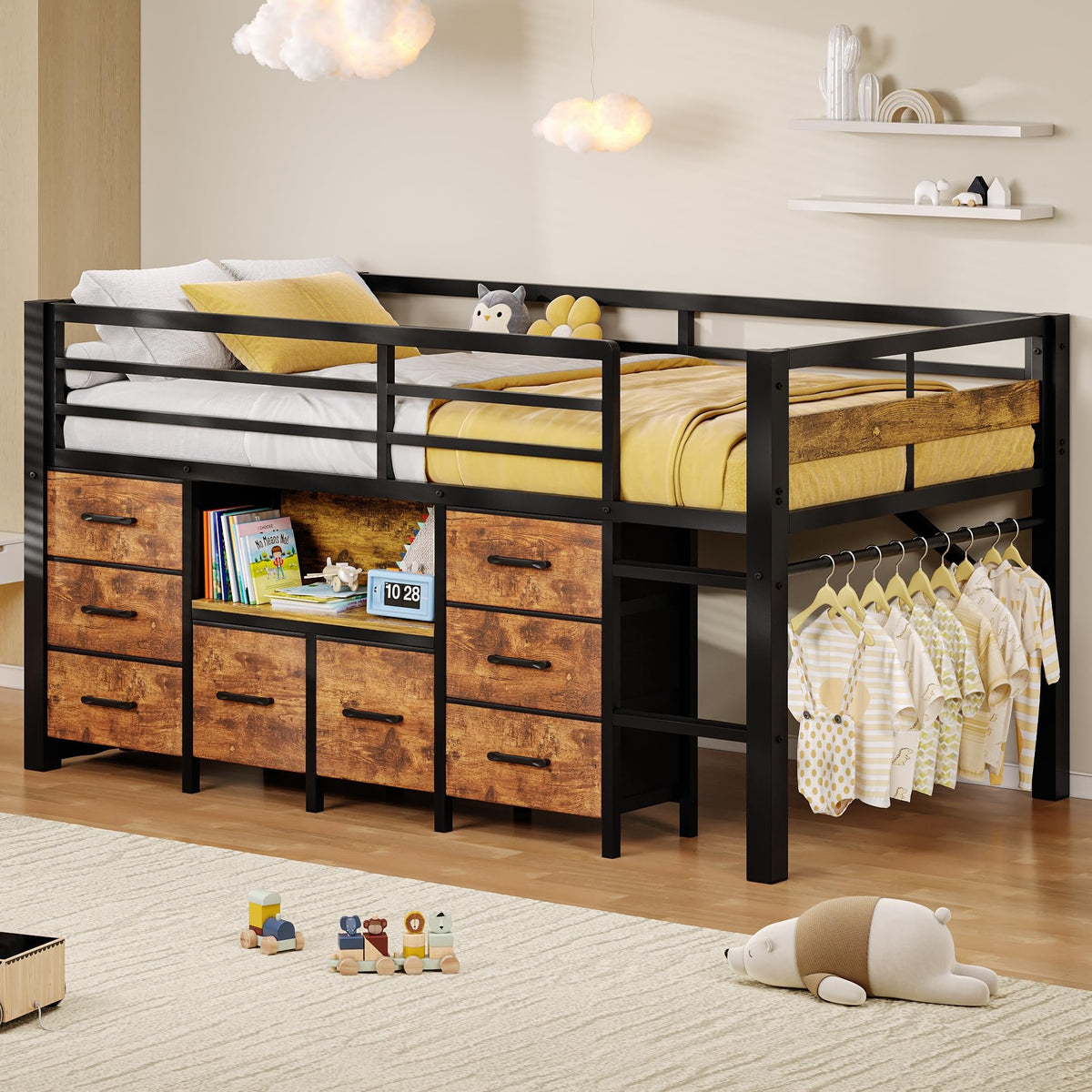 Feonase Low Loft Bed Twin Size with 8 Storage Drawers, Twin Loft Bed with Bookcase, Metal Kids Loft Bed with 13" H Safety Guardrail, Under-Bed Play Space and Play Curtain for Kids, Rustic Brown