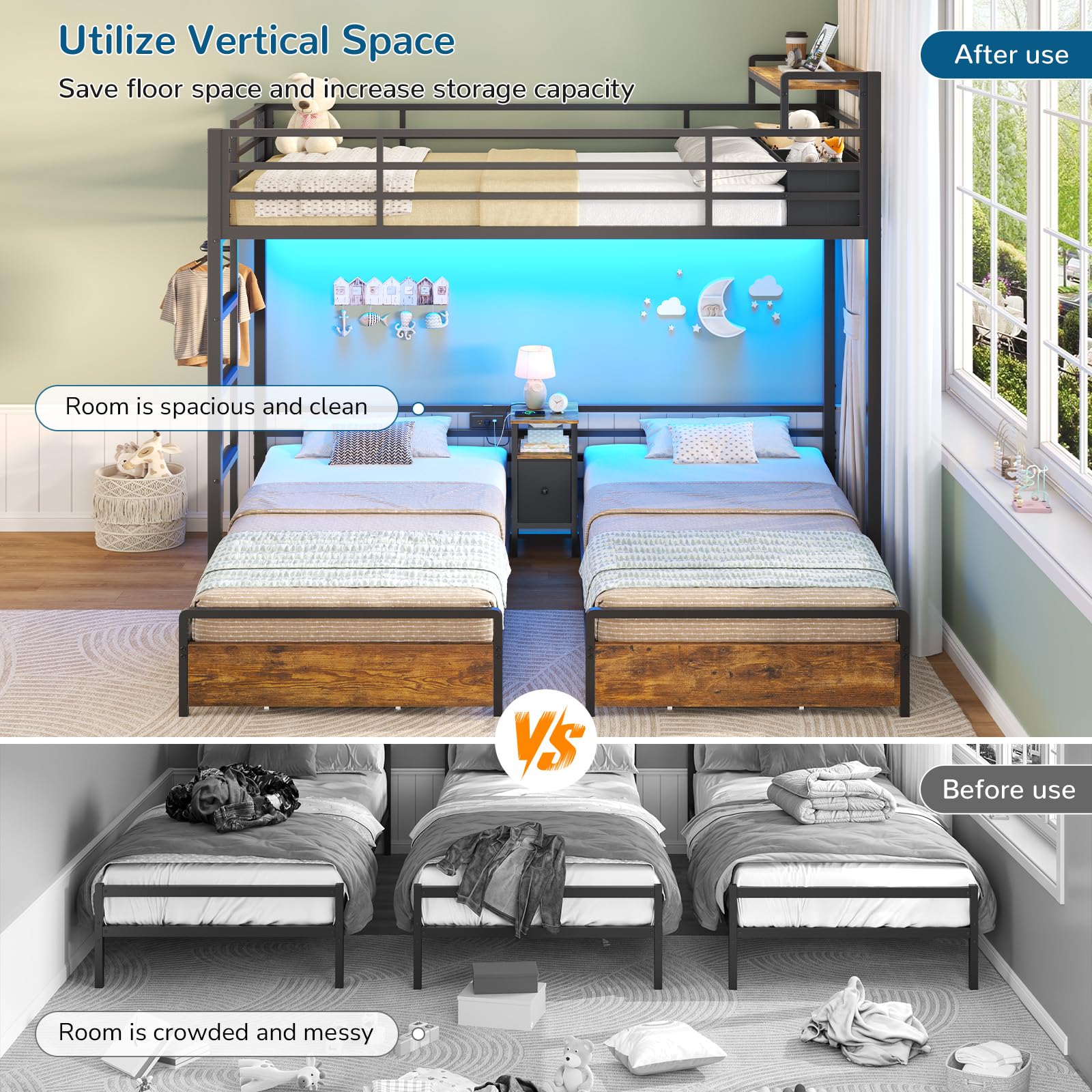 Triple Twin Bunk Bed with LED Lights & Storage