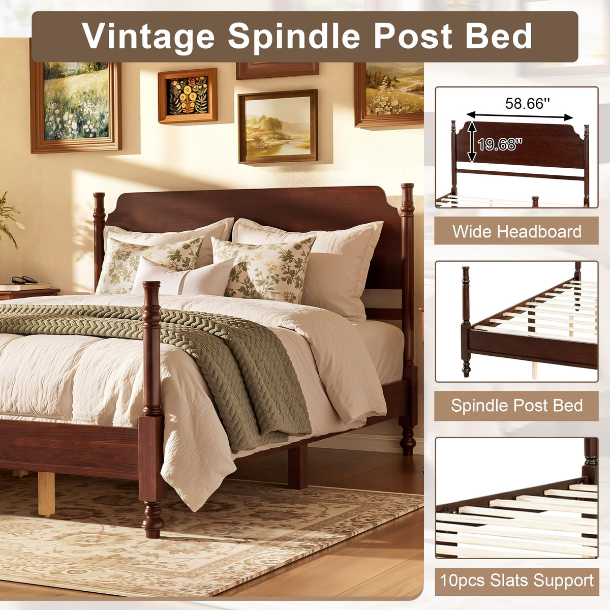 Merax Vintage Wood Spindle Bed Frame with Headboard, Queen Size,Dark Walnut