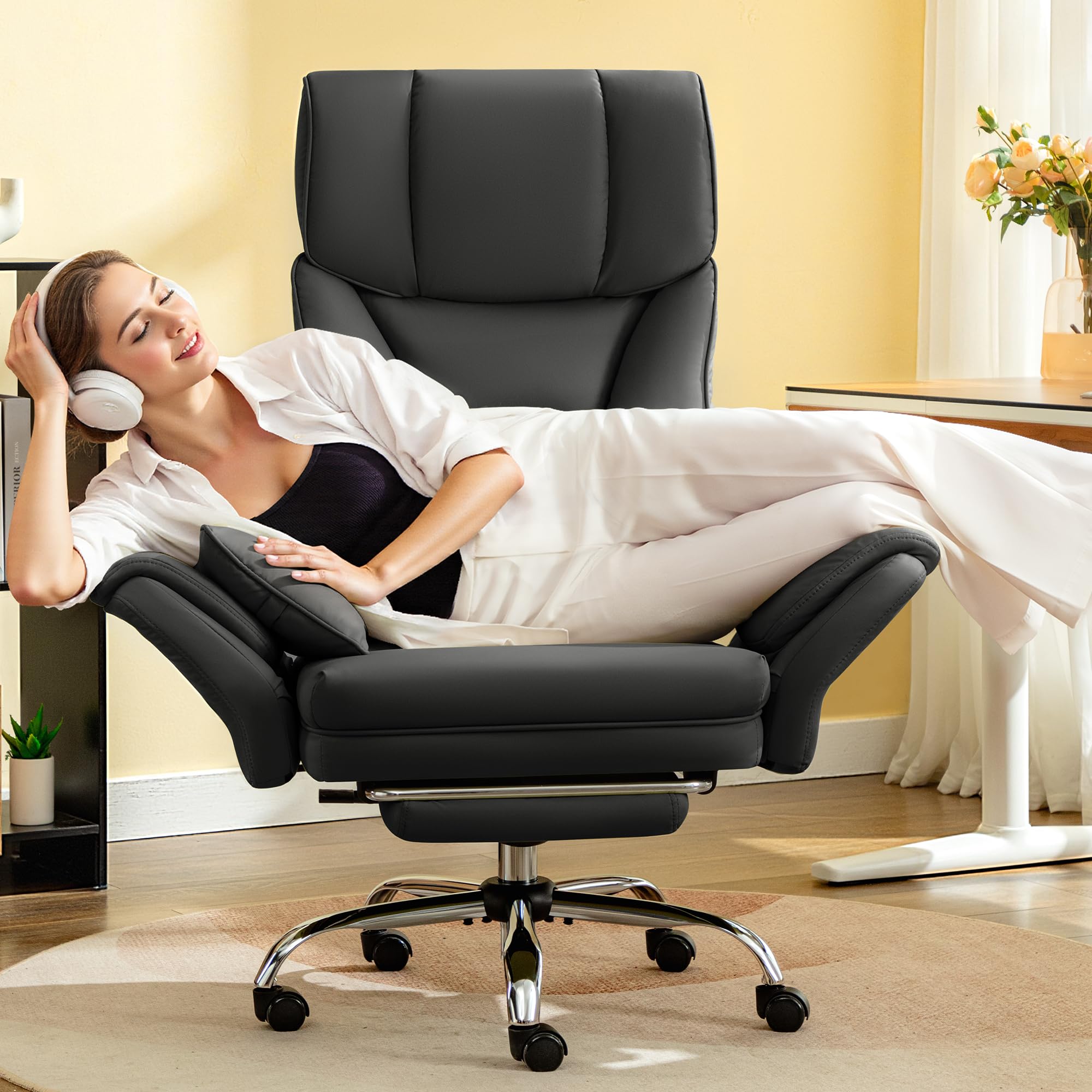 Wide Reclining Office Chair with Footrest & Lumbar Support