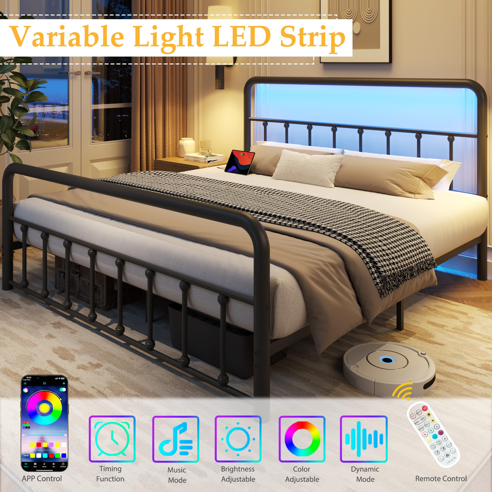 Queen Bed Frame with LED Headboard & Charging Station