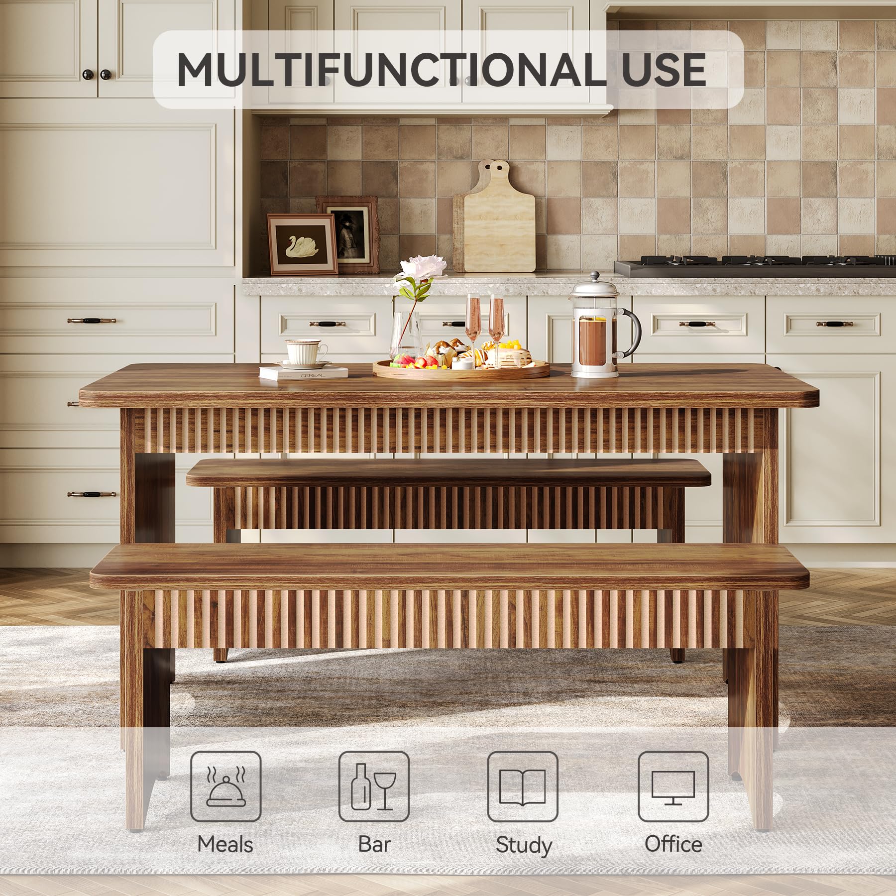 Farmhouse Dining Table Set with 2 Benches