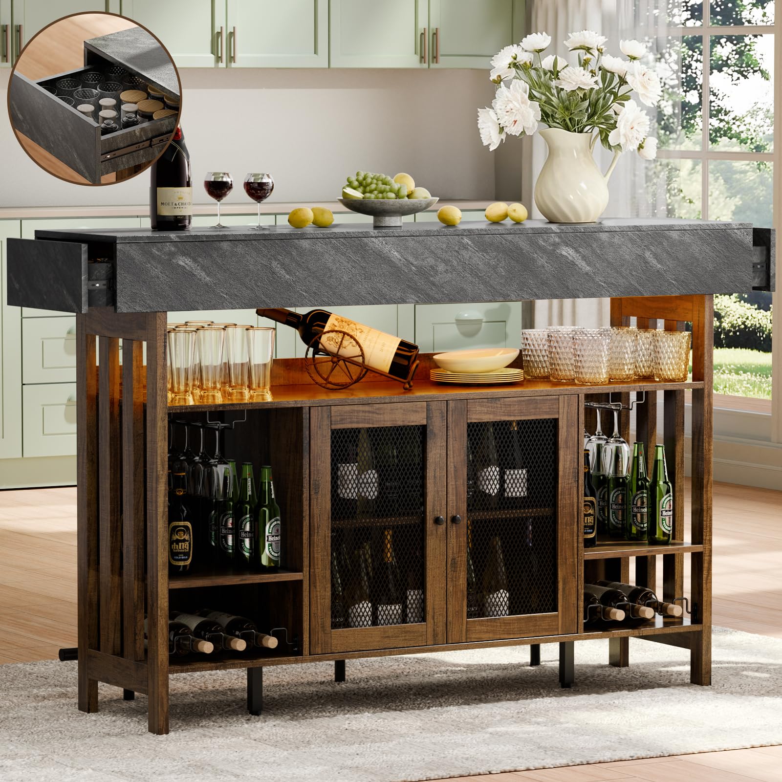 Bar Table Cabinet with LED Lights & Wine Storage
