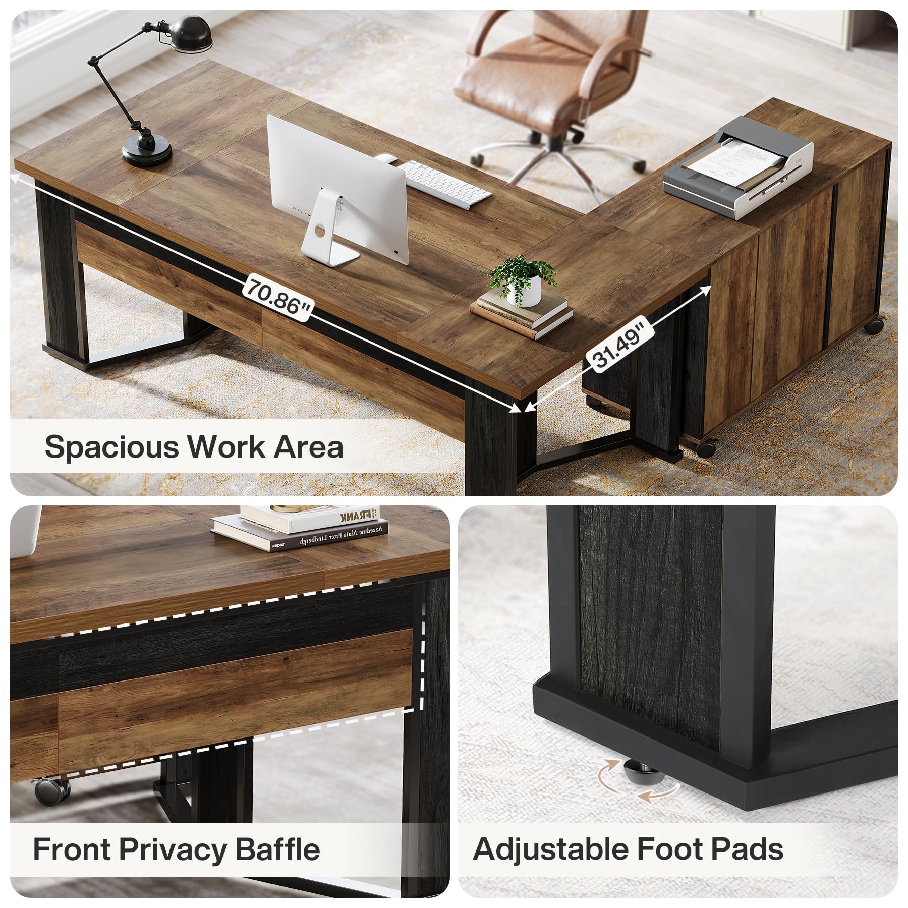 L-Shaped Executive Desk with File Cabinet