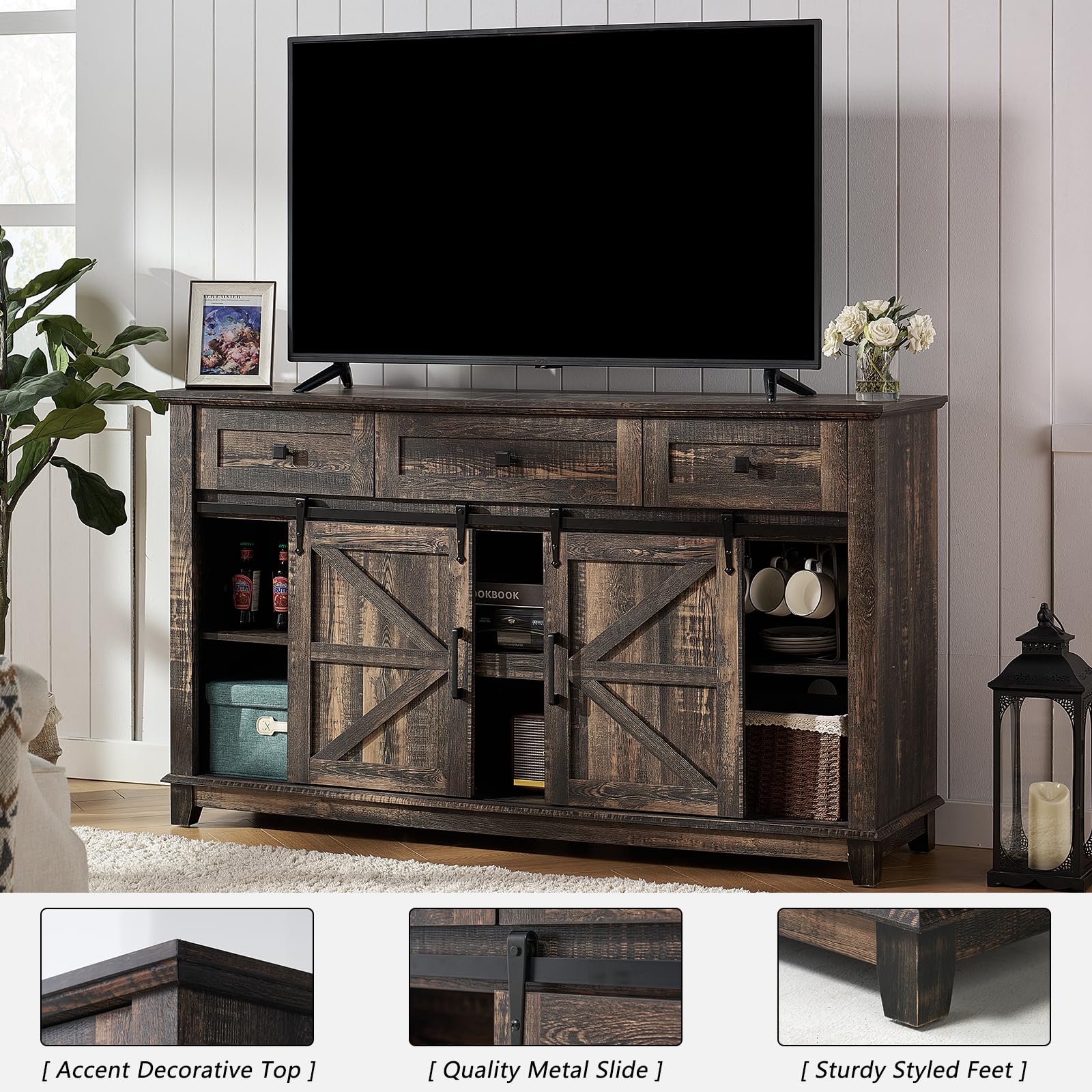 LUXOAK 4 Pieces Farmhouse Living Room Table Sets - Includes 59" Sliding Barn Door TV Stand for 65 in TV, Rustic Coffee Table with Storage, End Tables Set of 2 with Charging Station, Dark Rustic Oak