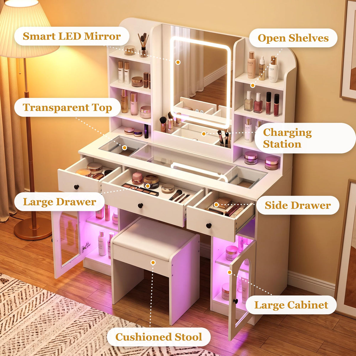 White Glass Top LED Makeup Vanity