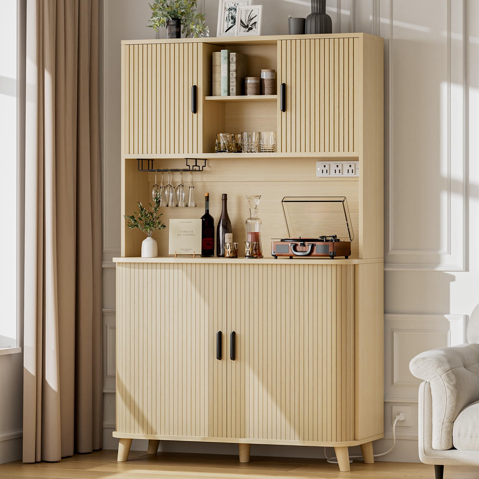 Lulive 71" Tall Pantry Cabinet with Rolling & Sliding Doors, 39" Wide Kitchen Storage Cabinet with Charging Station and Open Countertop, Modern Kitchen Pantry Cabinet for Dining Room, Natrual