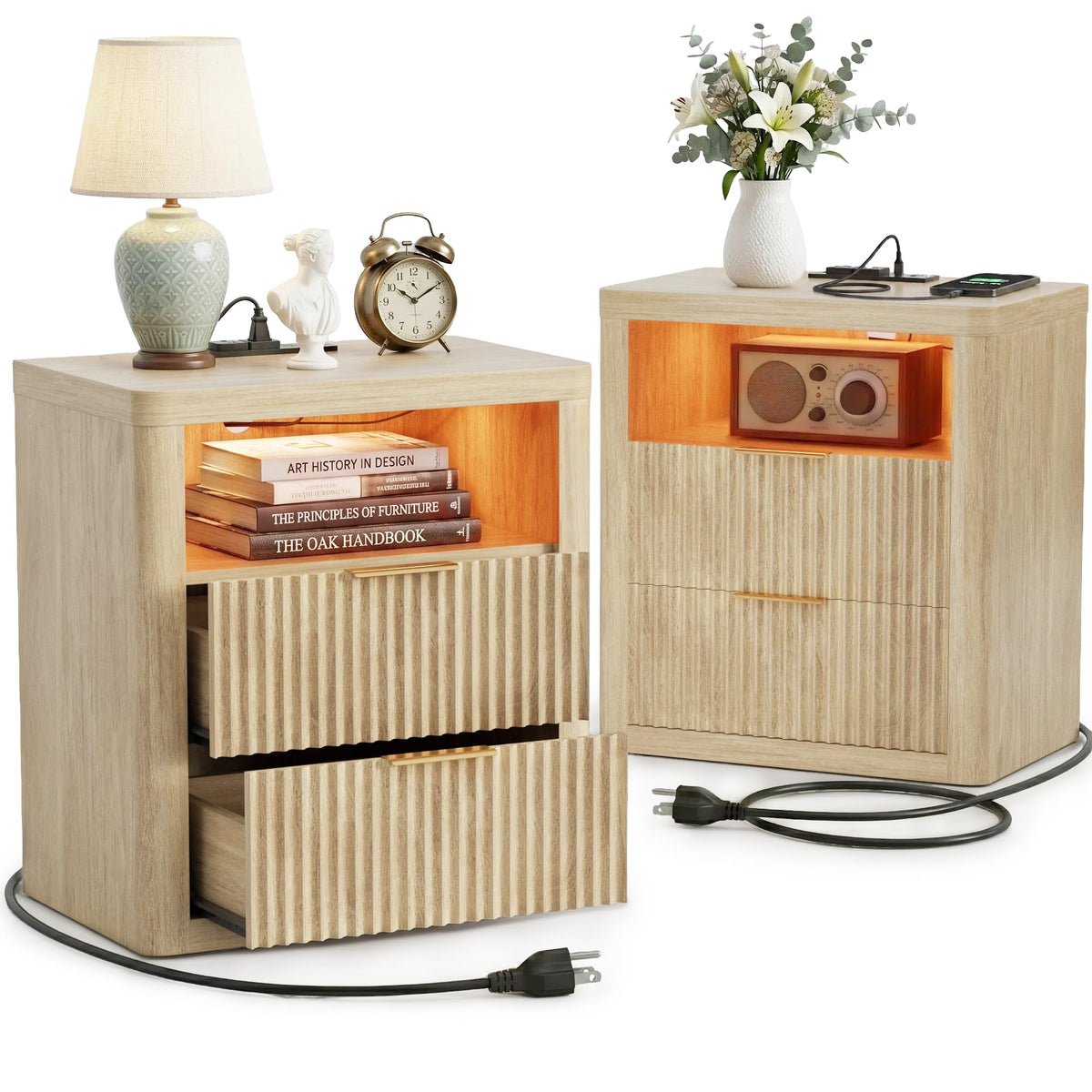 YESHOMY Fluted Nightstands Set of 2 with Charging Station, Natural Wood