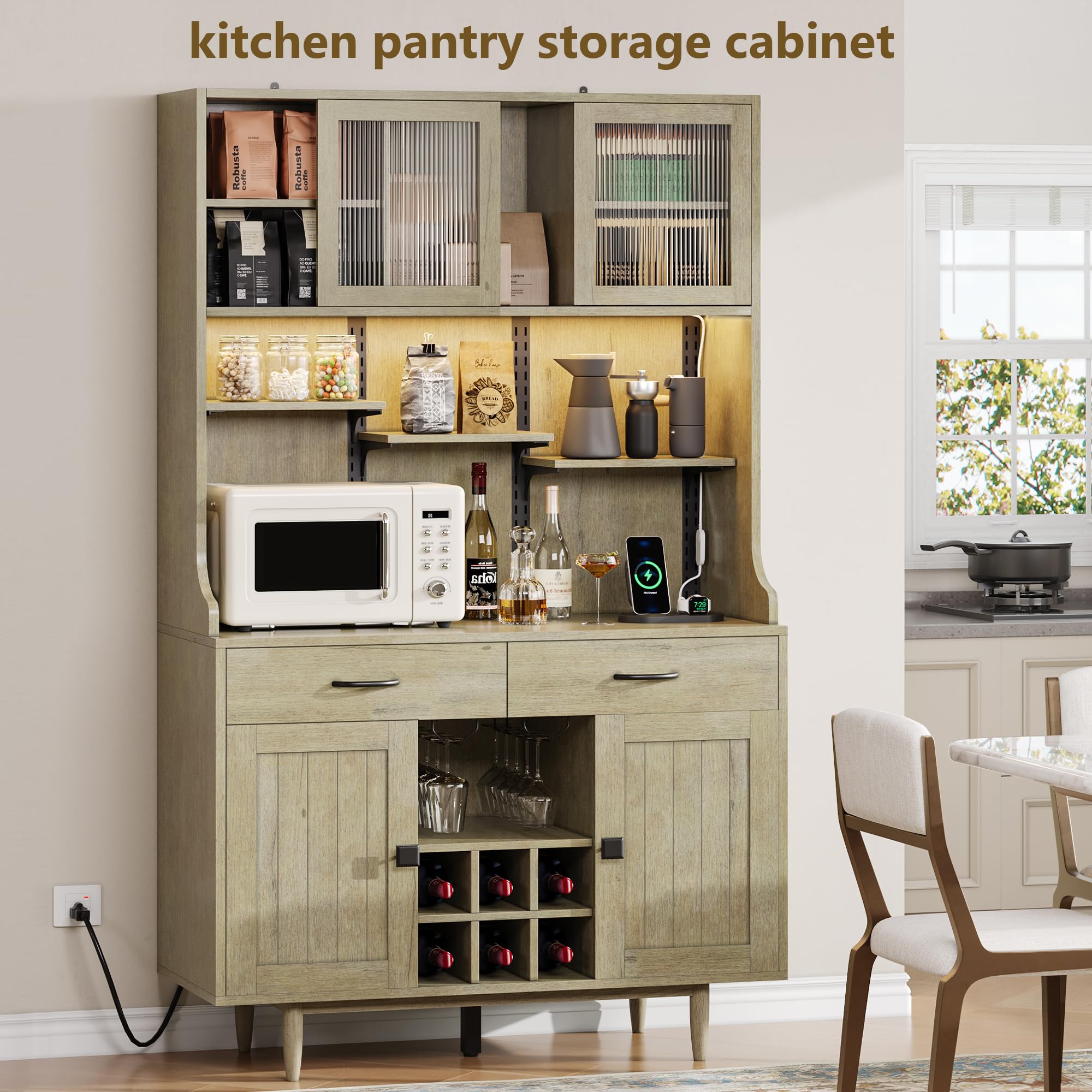 Einhomn 71" Kitchen Pantry Cabinet with UL Charging Station, 3 Adjustable Shelves, App-Dimmable LED Light, Wine Rack, Farmhouse Style, Buffet Cabinet for Kitchen/Dining/Living, Natural Wood