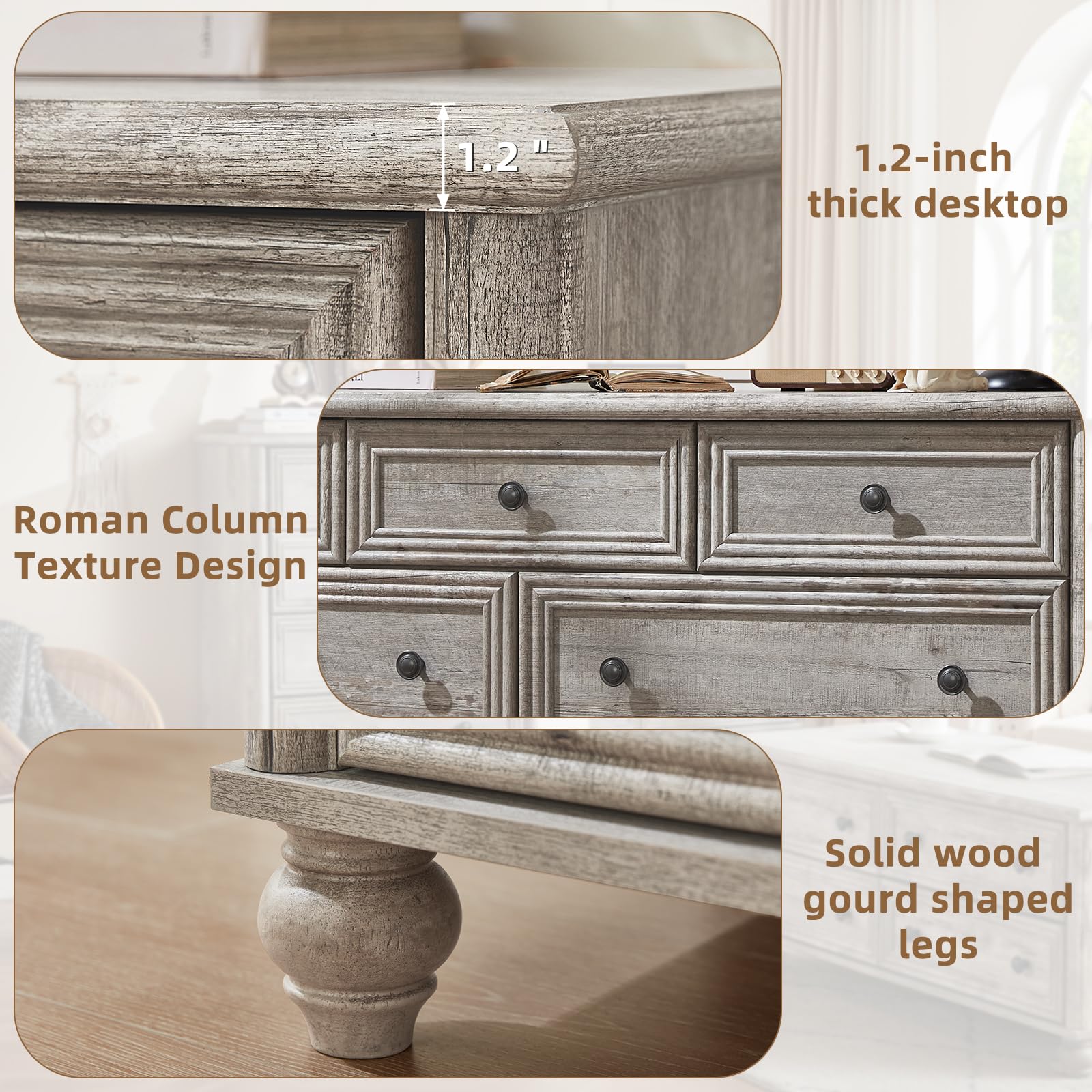 RWYHG Farmhouse Dresser and Nightstand Sets 4 Piece, Wooden 7 Drawers Dresser & 43.5" Tall Chest of Drawers, 18" Roman Column Nightstand Set of 2, Furniture Dressers for Bedroom, Living Room