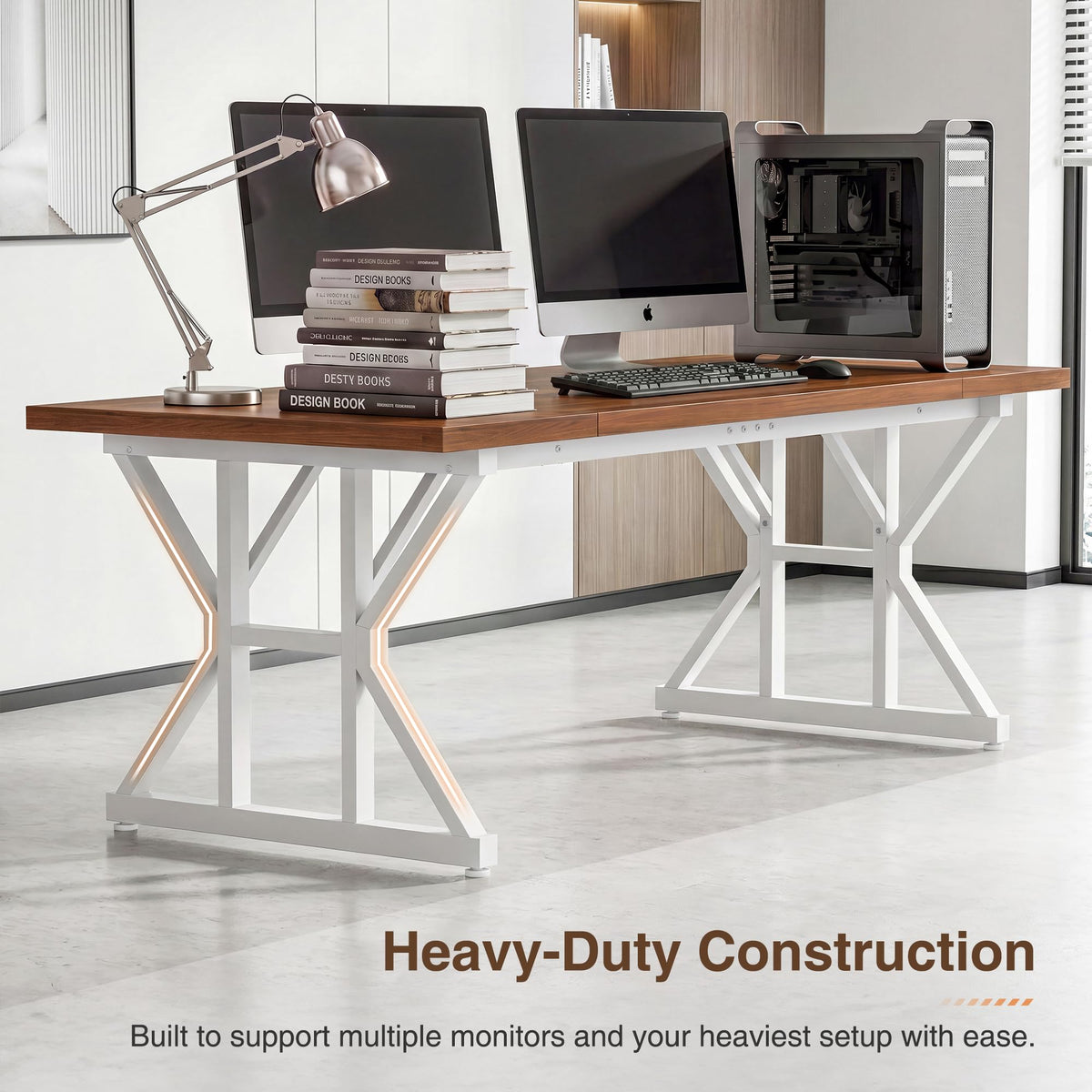 YOUDENOVA 71 Inch Executive Desk, Large Computer Office Desk Workstation with Thick Desktop & Heavy Duty Metal Legs, Modern Industrial Writing Study Table for Home Office (Deep Brown/White)