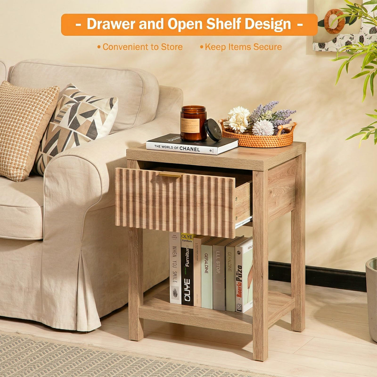 TROJM Fluted Nightstand Set of 2 with Drawer and Open Shelf,Oak