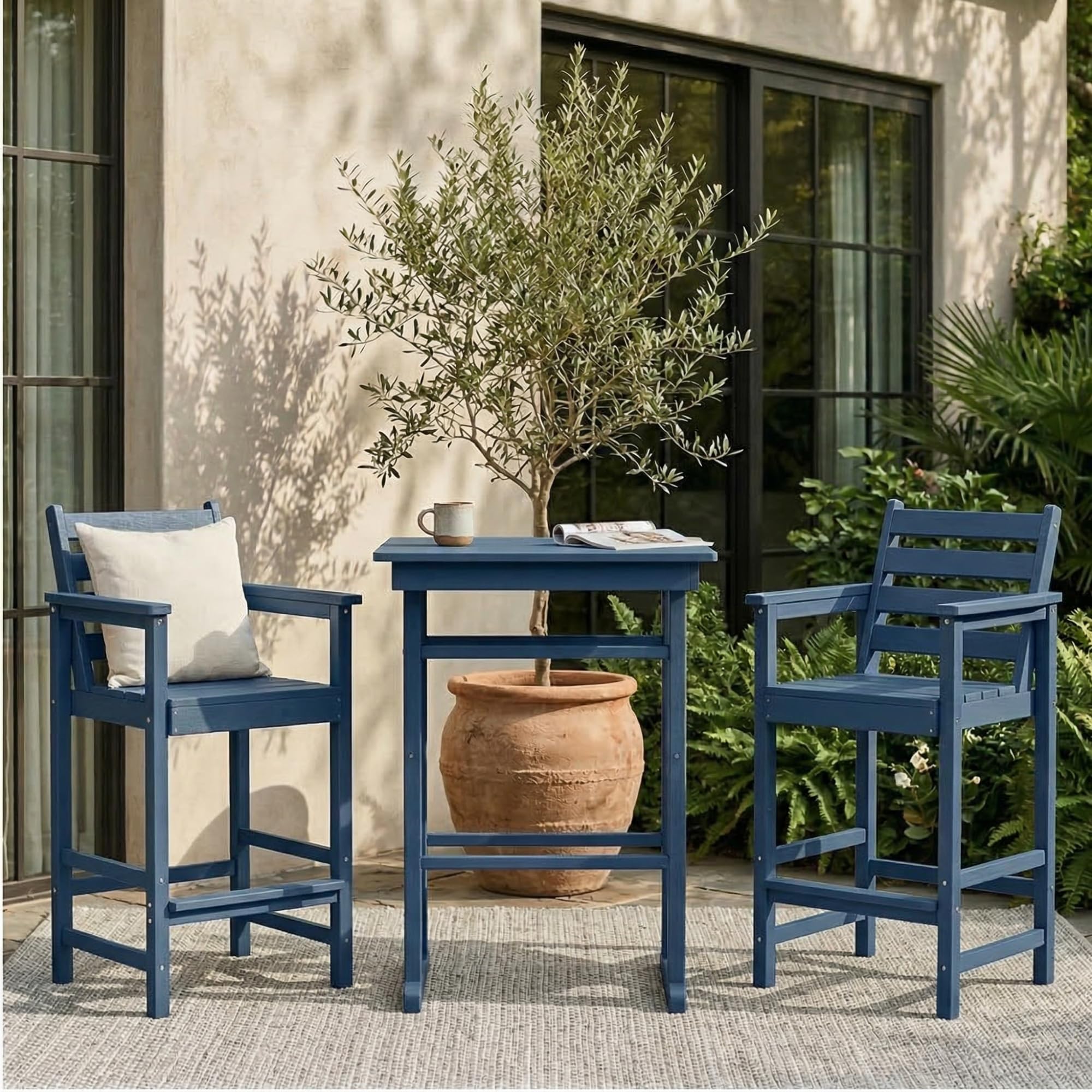 Kingdura Balcony Adirondack Chairs and Table 3 Pieces Set, Adirondack Bar Height Chairs Set of 2 with Matching Bar Table, HDPE Outdoor Bar Stools Set for Bistro, Garden, Poolside (Navy Blue)