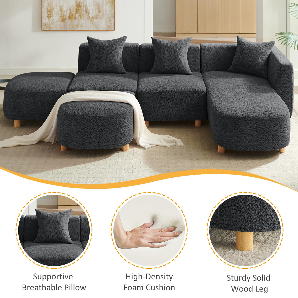 VANOMi 109.84" Modular Sectional Sofa with Pillows, 5-Seater, Dark Gray