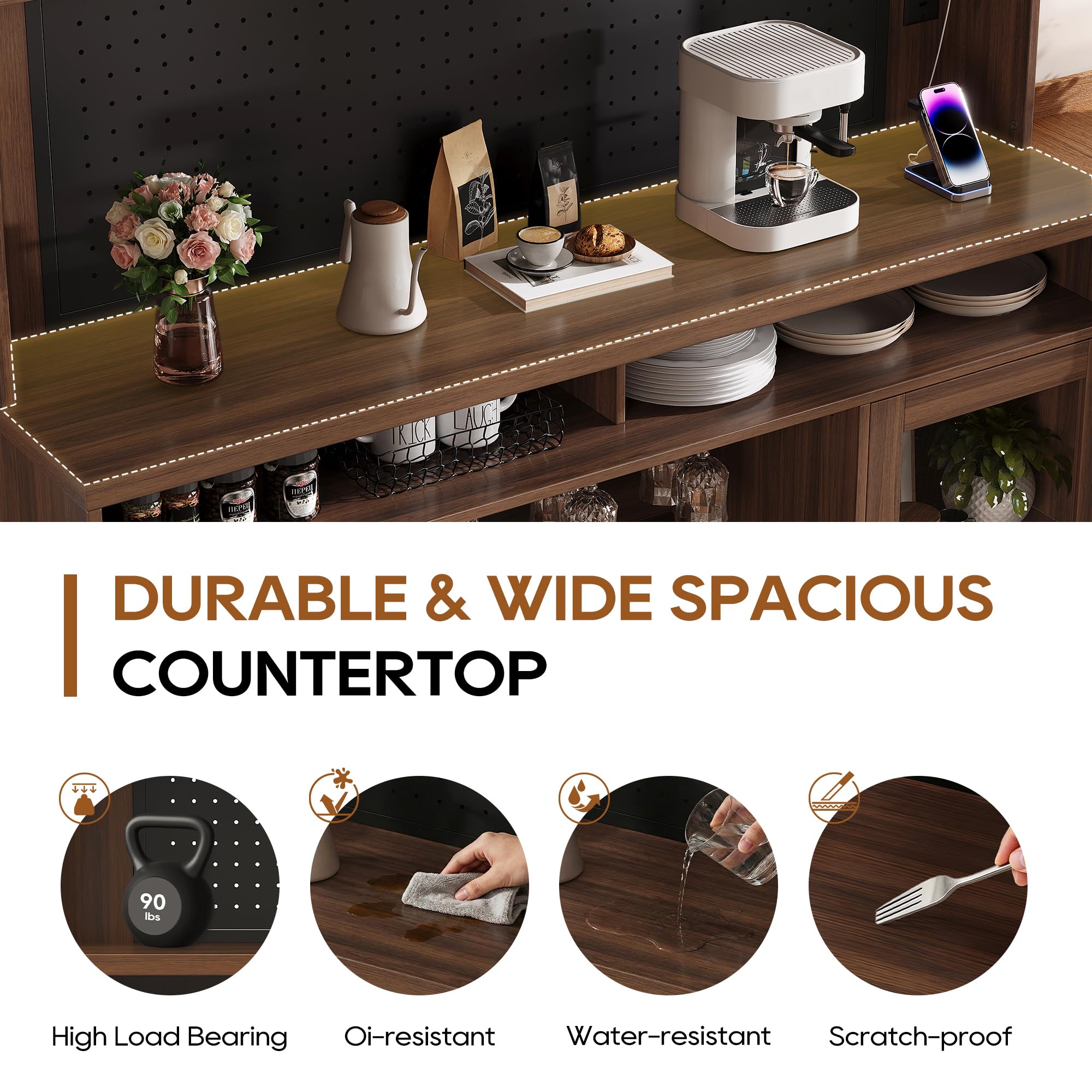 IPKIG 71" Kitchen Pantry Cabinet with Charging Station, Kitchen Hutch Storage Cabinet with LED Lights, Pantry Organizers and Storage with Anti-Tip Device for Dining Room, Brown