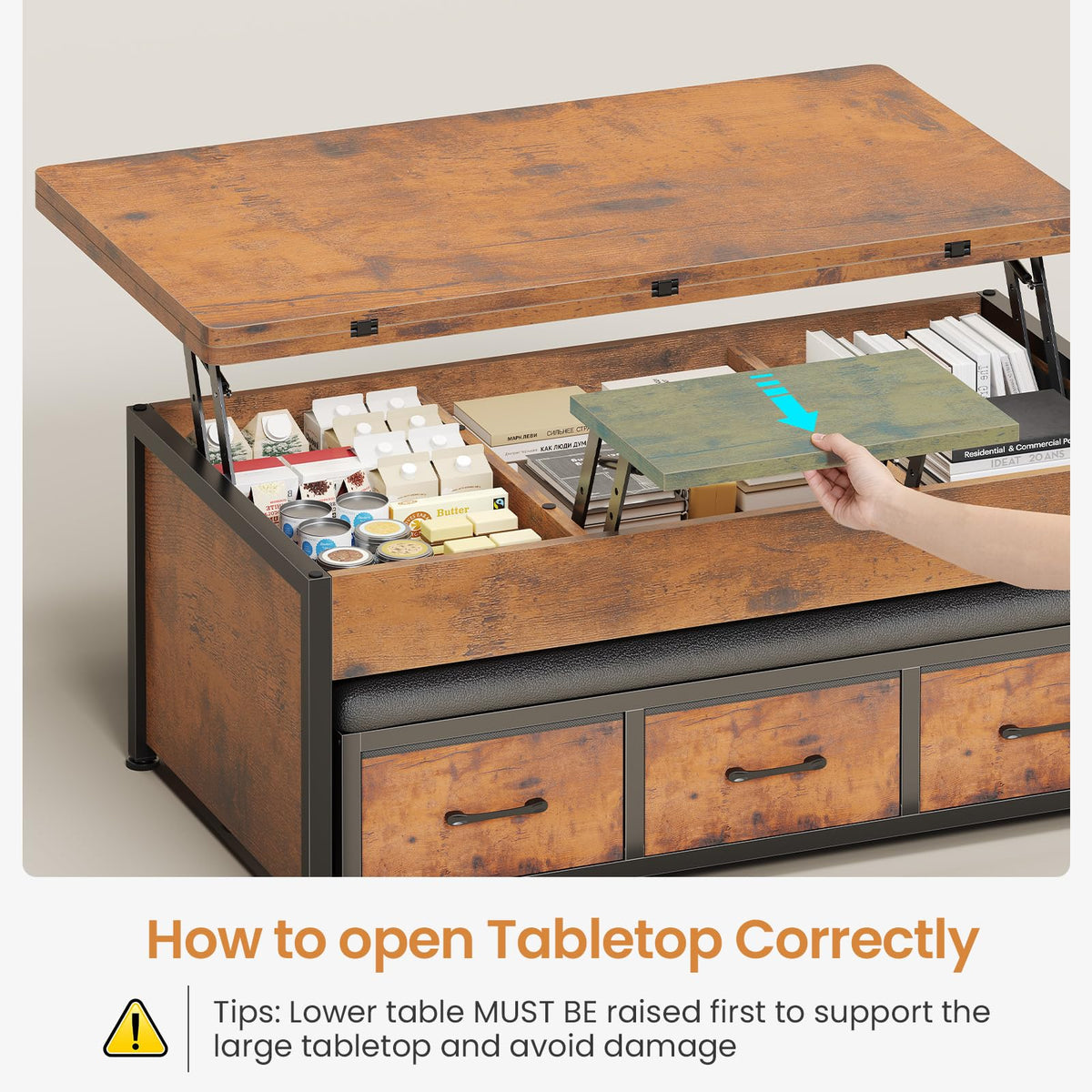 Itaar Lift Top Coffee Table Set, 43'' Multi-Function Coffee Table with Storage Drawers and Hidden Compartment, Center Table with Ottoman Bench for Living Room, Rustic Brown