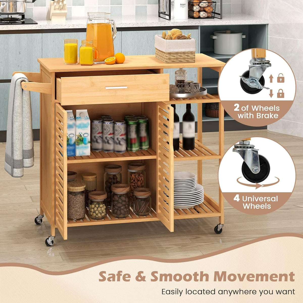 GLACER Bamboo Kitchen Island Cart with Storage, Rolling Kitchen Cart