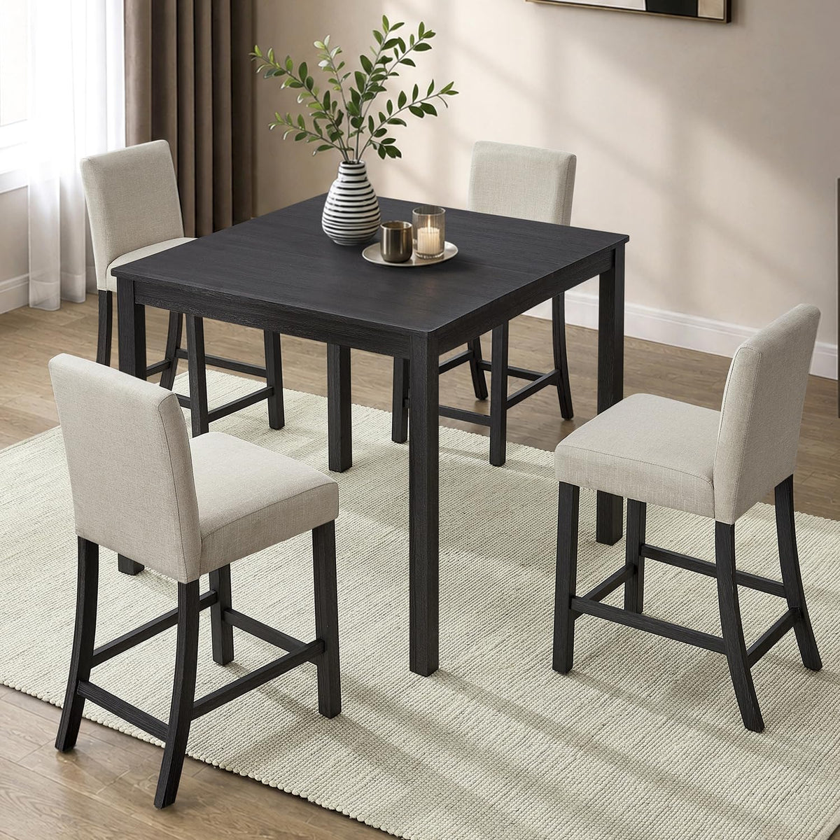 LUMISOL 5 Piece Counter Height Dining Table Set for 4 with Upholstered Chairs, 39 Inch Square Kitchen Table with Solid Wood Frame, Space Saving Dining Set for Small Apartment, Antique Black and Beige