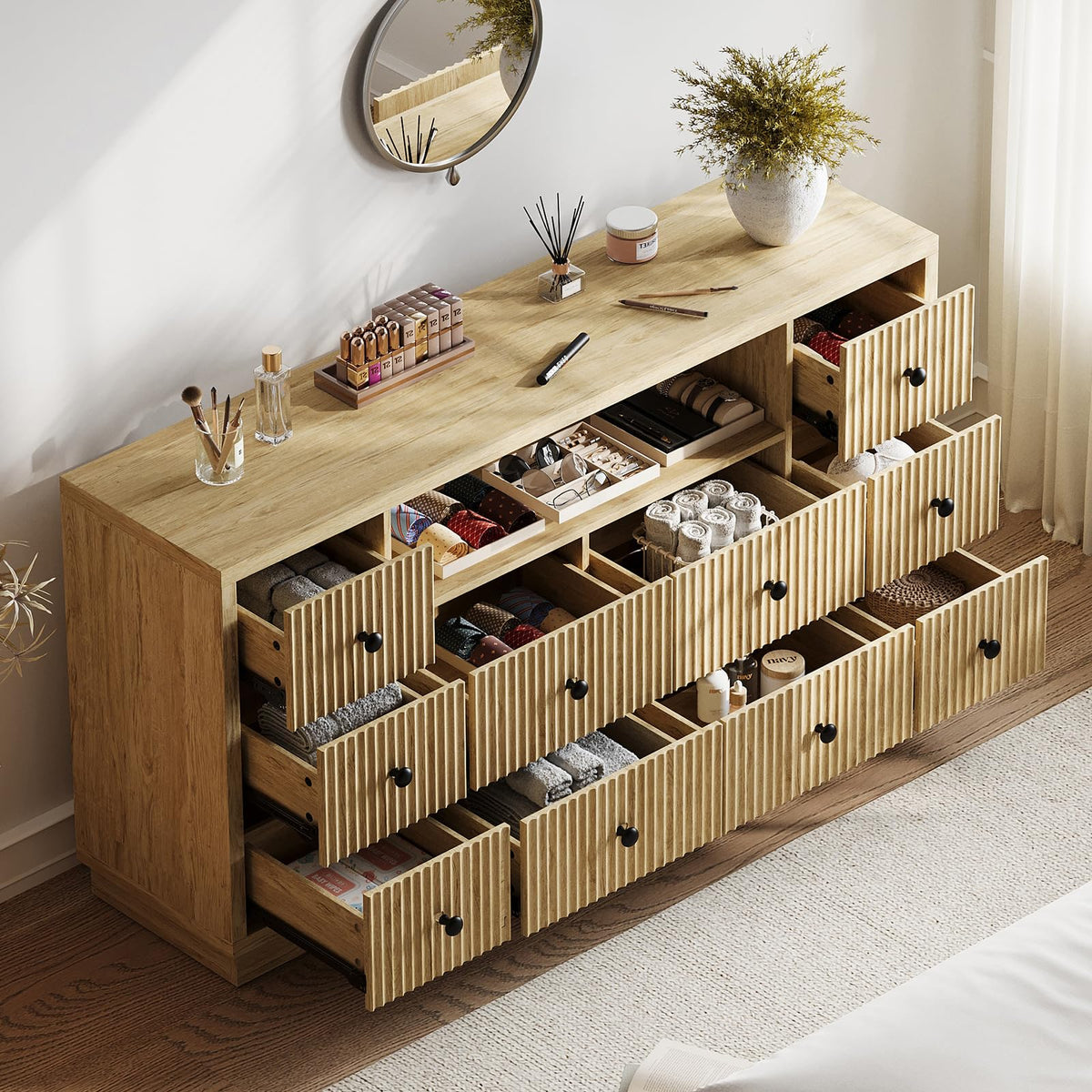 Vordwell Fluted Dresser TV Stand for Bedroom with 10 Drawers, Oak