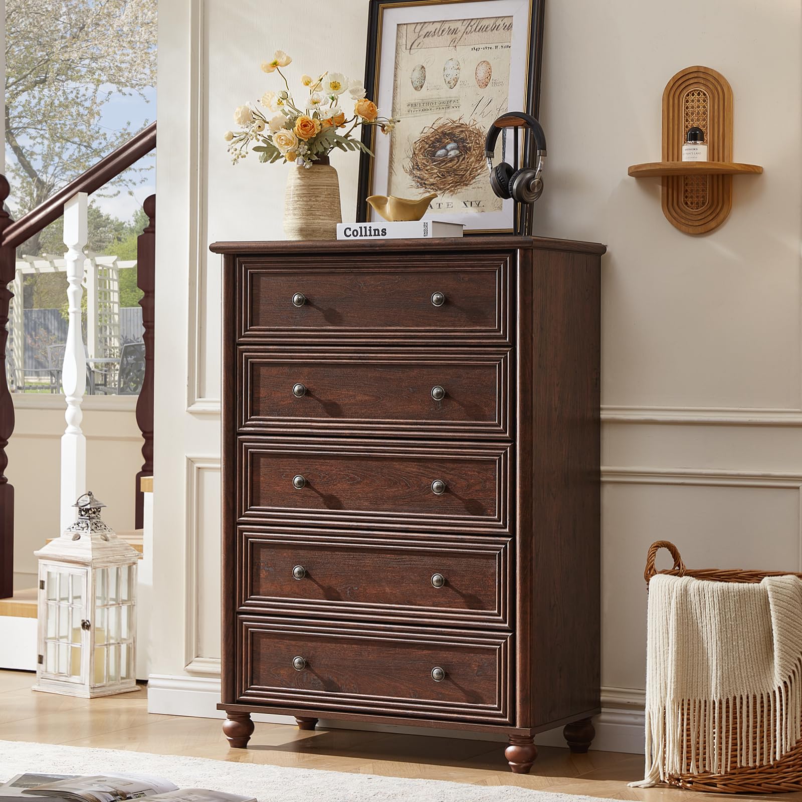 Farmhouse 5-Drawer Tall Dresser with Metal Handles