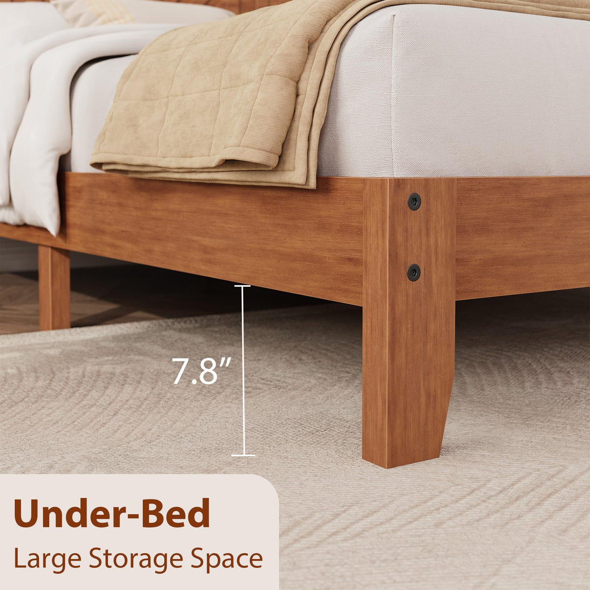 Garvee Wooden Queen Platform Bed Frame with V-Pattern Headboard, Noise-Free Slat Support, No Box Spring Needed, Easy Assembly, 7.8" Under-Bed Storage Space, Light Brown