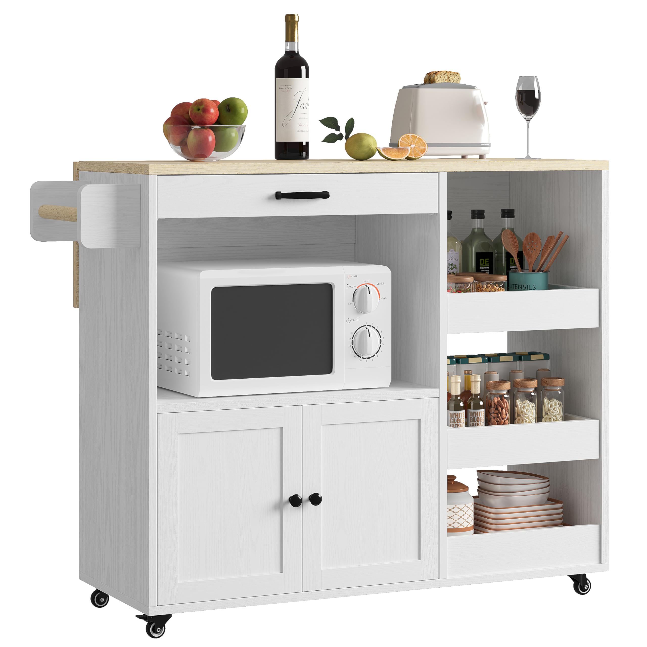 LIKIMIO Kitchen Island with Drop Leaf, Rolling Kitchen Island Cart on Wheels with Storage, Microwave Cart with Pull Out Open Shelves and Drawer, Mobile Kitchen Storage Islands, White
