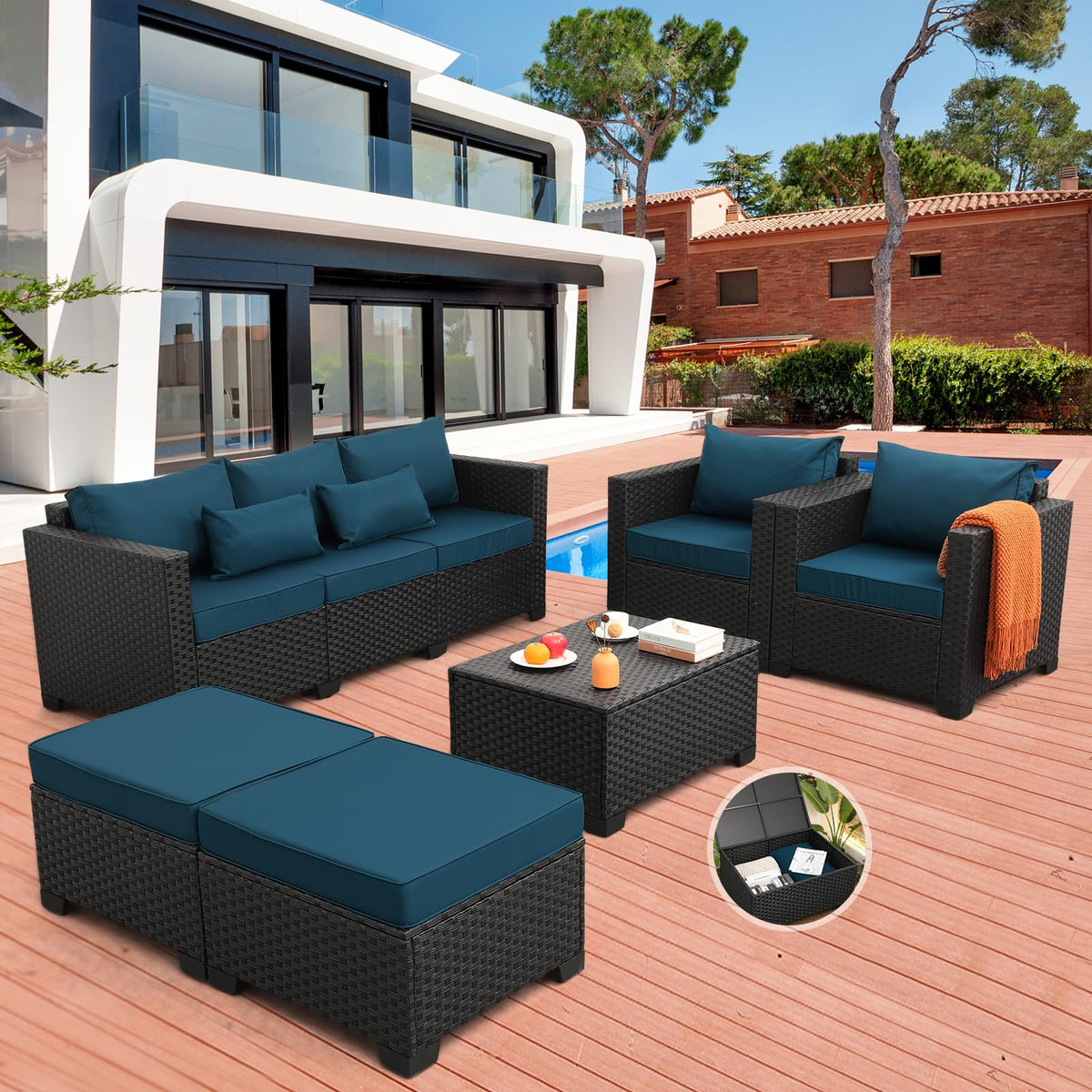 Rattaner Patio Furniture Set 6 Pieces Couch Outdoor Furniture Sofa Set Storage Table Hight Backrest Anti-Slip Cushions and Waterproof Covers, Peacock Blue