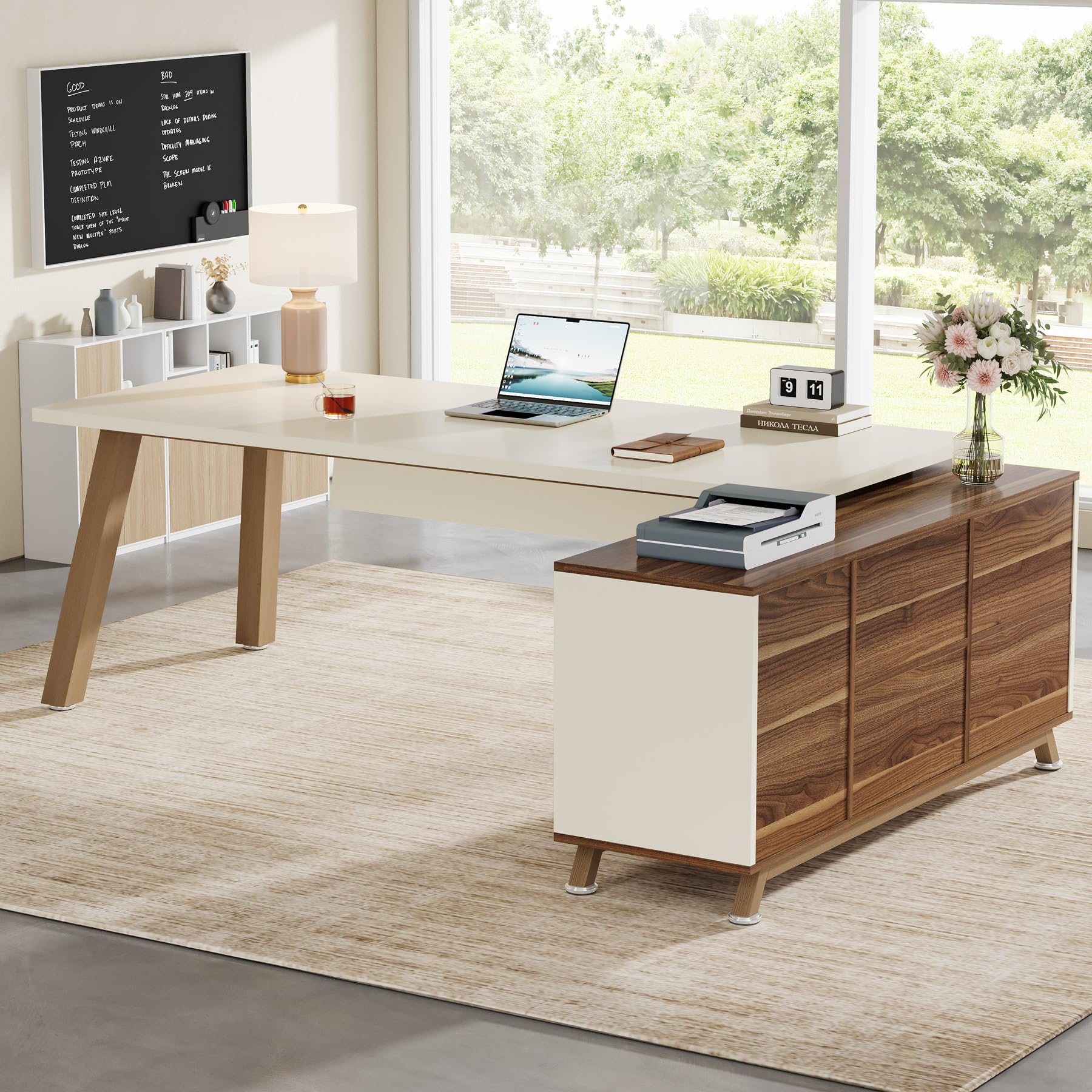 L-Shaped Desk with Storage Shelves & Drawers