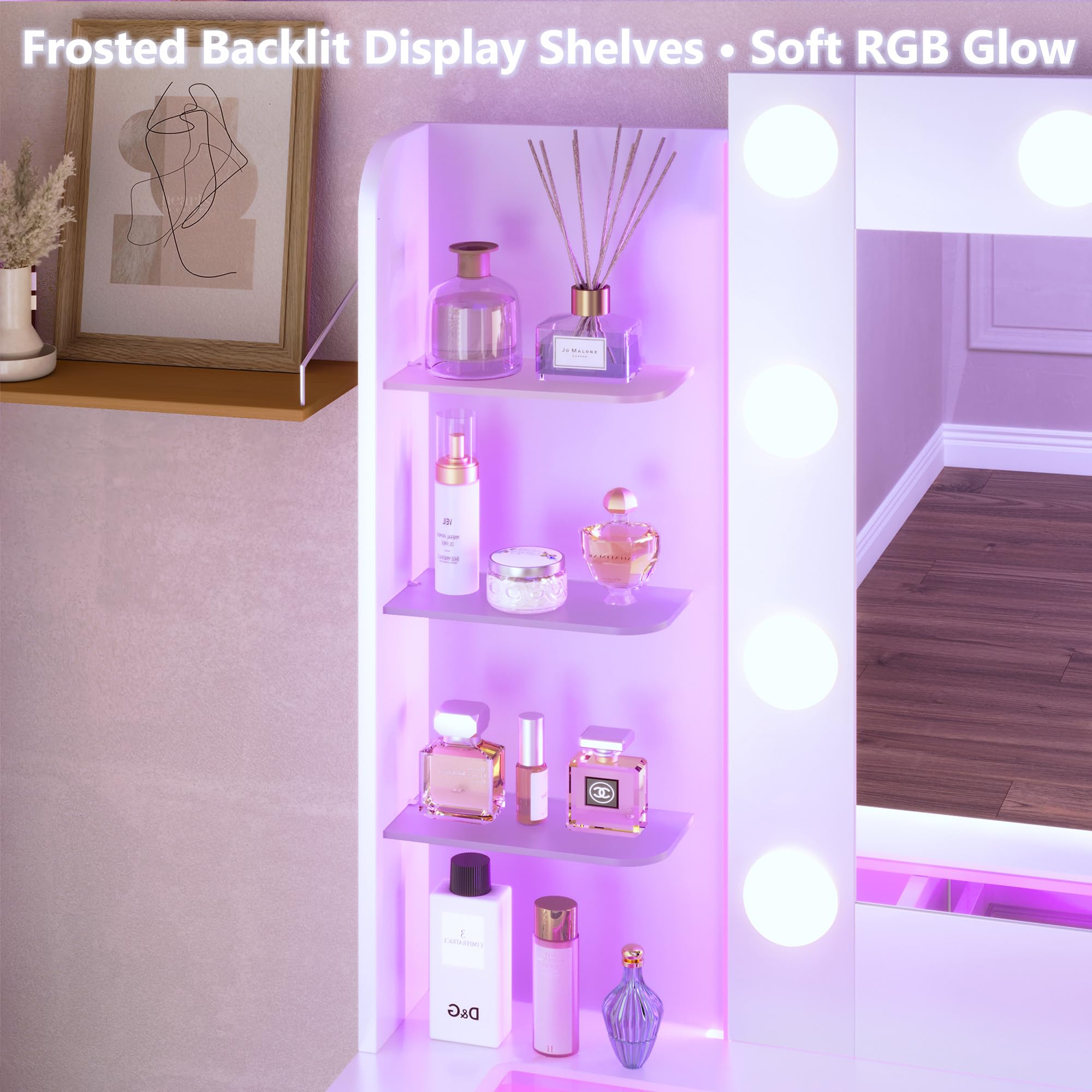 HUAHUU Vanity Desk with Mirror and Hollywood Lights, Makeup Vanity 6 Backlit Open Shelves with Frosted Panel & RGB Light, Transparent Top, Power Outlet, 7 Drawers & Storage Organizer for Bedroom