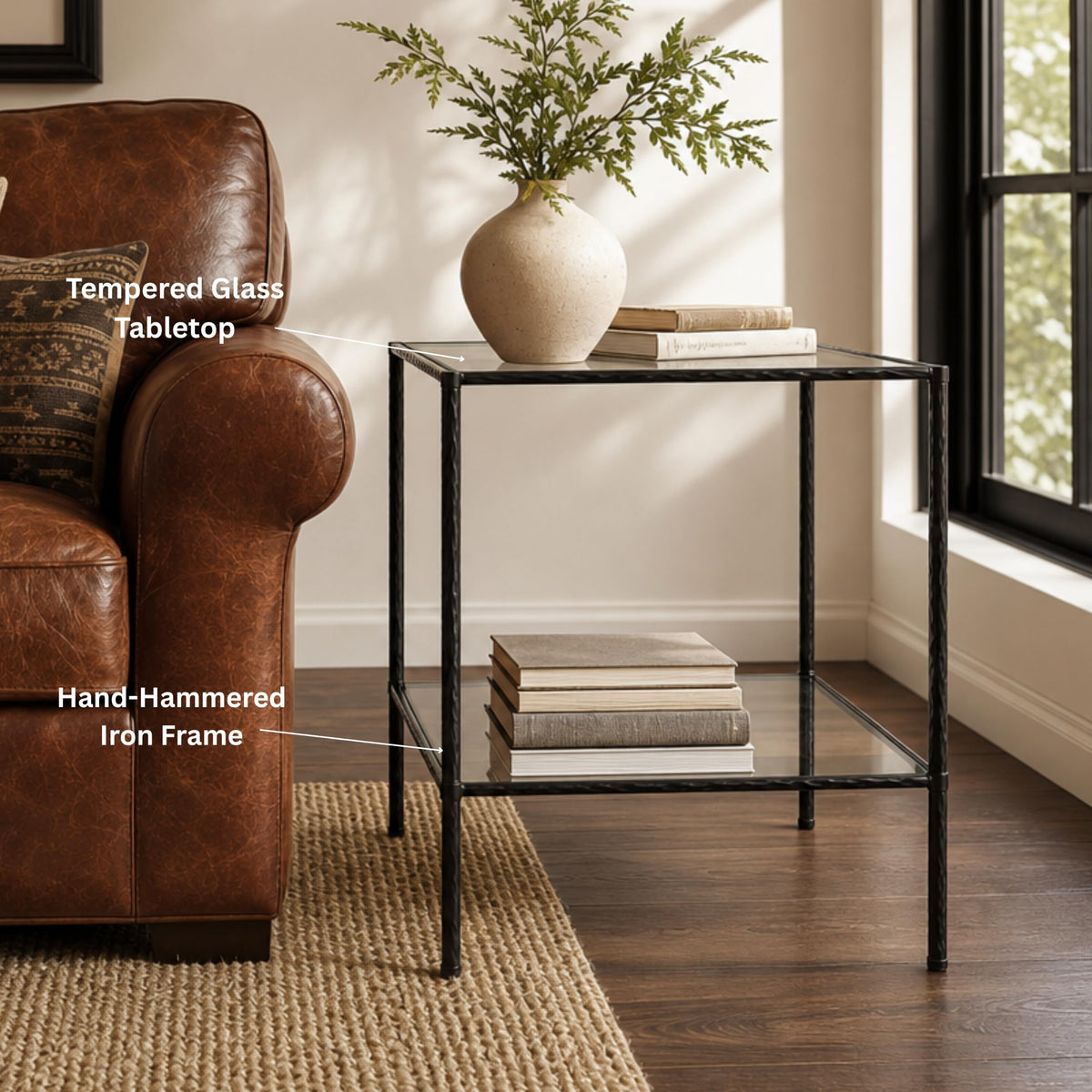 Lynder & Co. Black Glass Side Table, Square End Table for Living Room