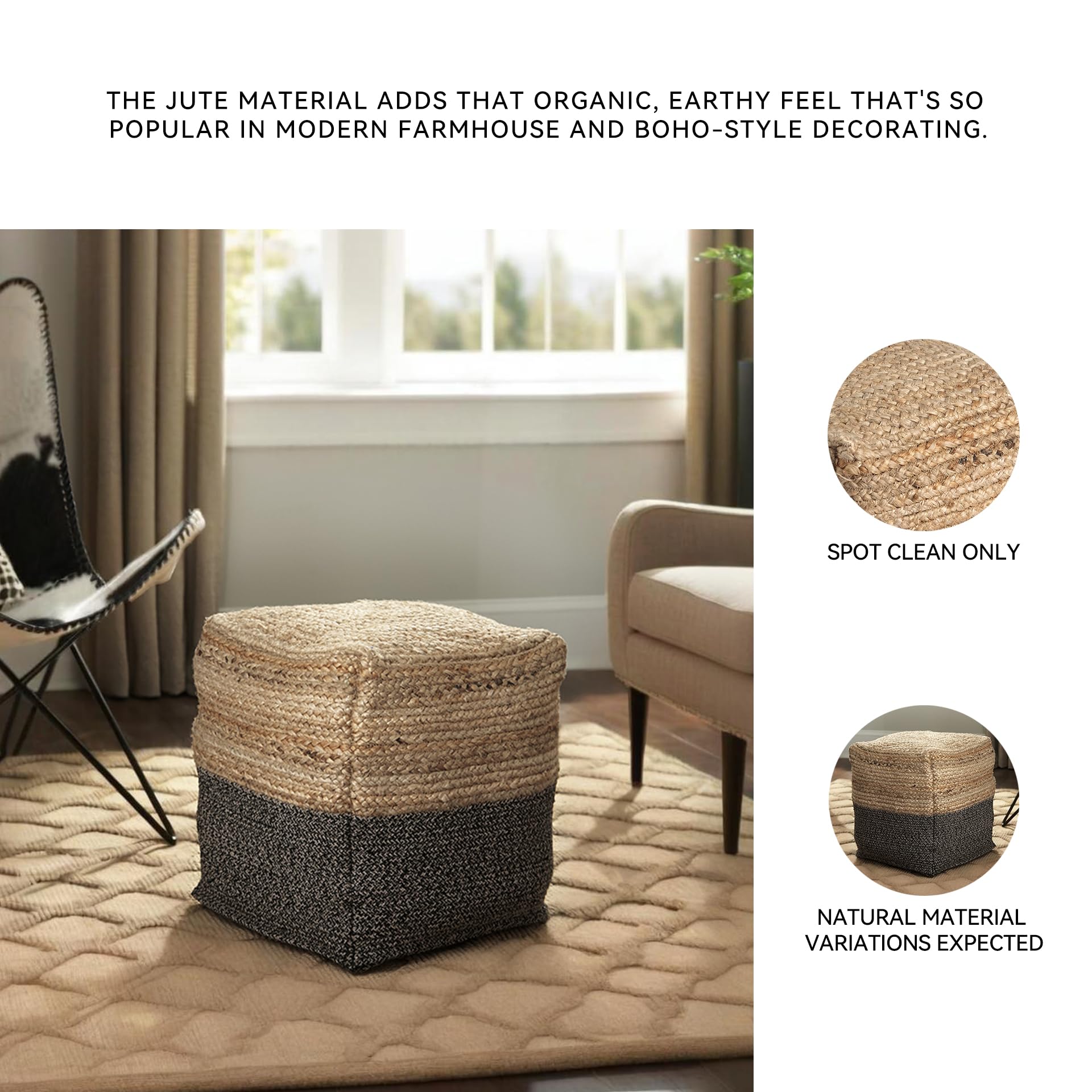 Signature Design by Ashley Sweed Valley Farmhouse Jute Braided Pouf, 17.5 x 20.25 inches, Natural & Black