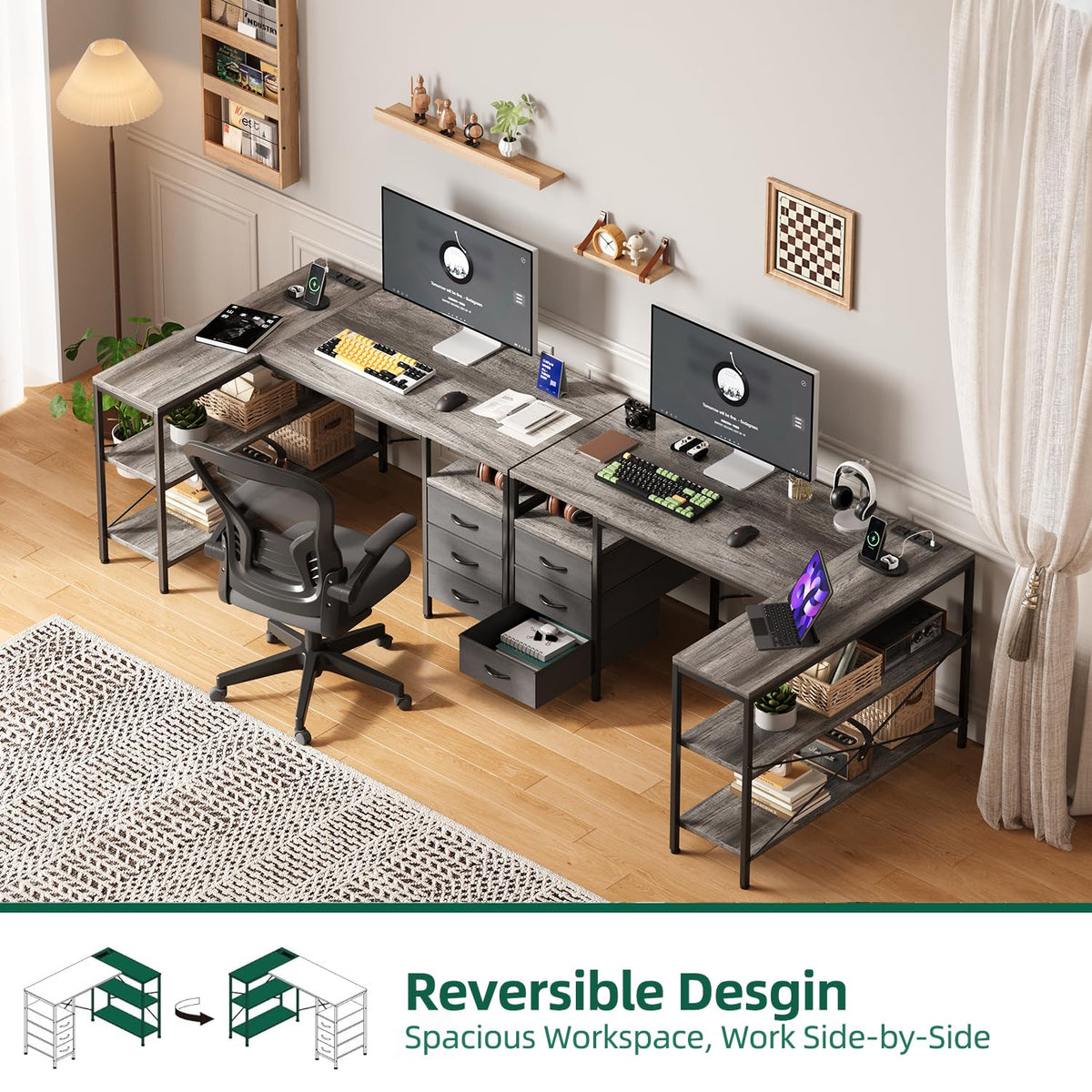 MUTUN L Shaped Computer Desk with 3 Drawers & Power Outlets, 47 Inch Corner Desk with Reversible Storage Shelves, PC Table for Home Office Bedroom (Grey, 47 Inch)