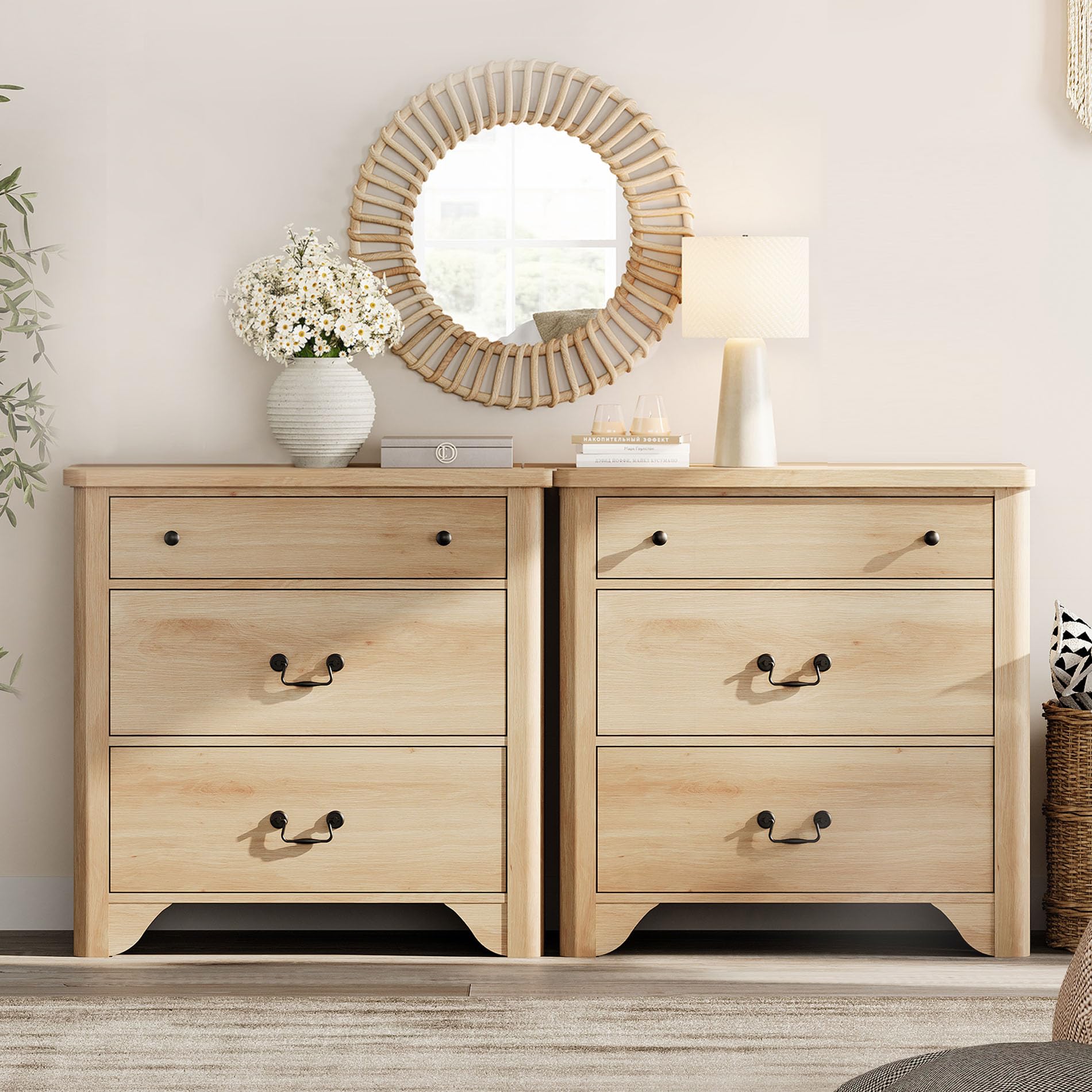 WAMPAT 3 Drawer Dresser Set of 2, 63“ Large Farmhouse Dresser for Bedroom with Wide Chest of Drawers,Oak Wooden Dressers Nightstand Cabinet for Bedroom, Living Room, Hallway, Office