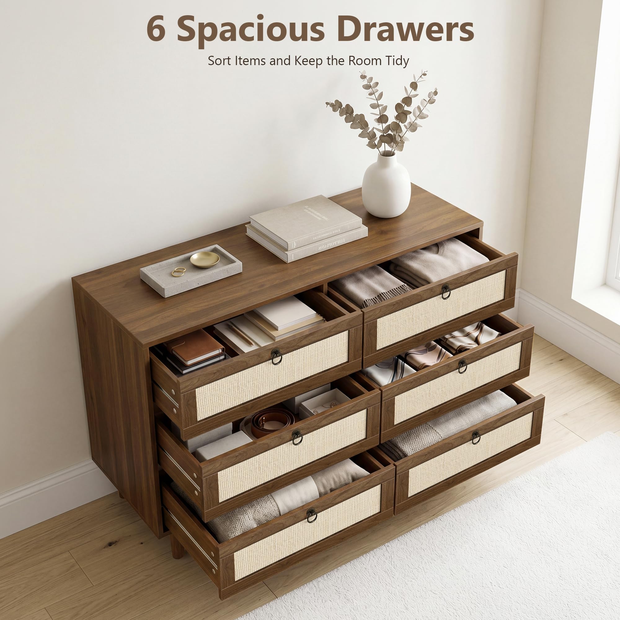 LAZZO 6 Drawer Dresser for Bedroom Dresser for Closet Rattan Chest of Drawers Mid Century Modern TV Stand with Golden Handles for Closet, Living Room and Apartment (Walnut)