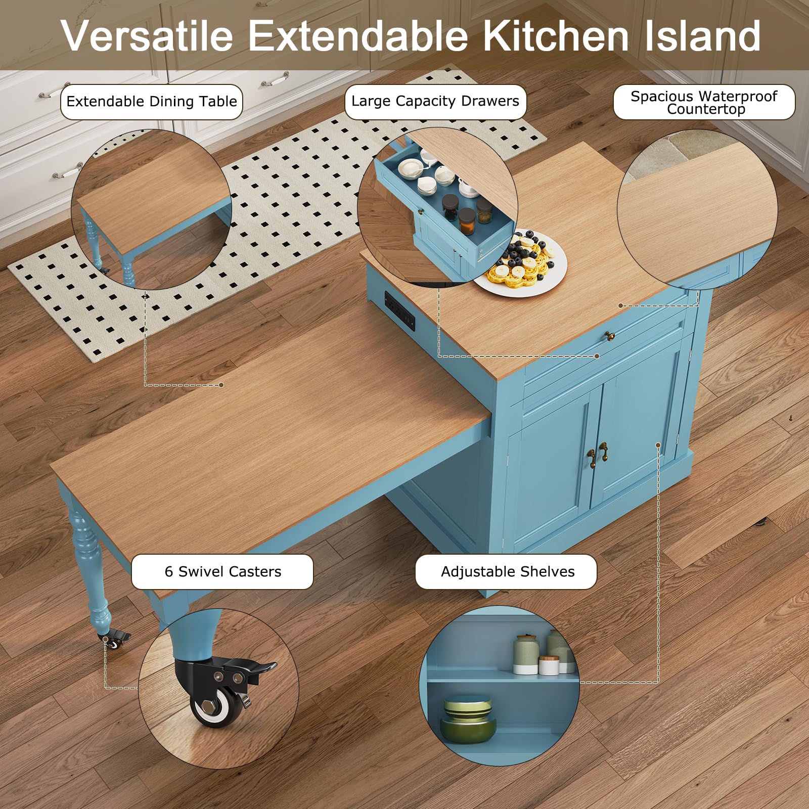 Extendable Kitchen Island with Power Outlet & Storage