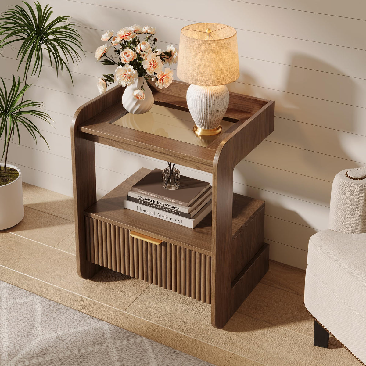 Fluted Nightstands Set of 2, Mid Century Modern Night Stand with Drawer and Open Shelf, Amber Glass Top Wood Bedside End Tables for Bedroom and Living Room