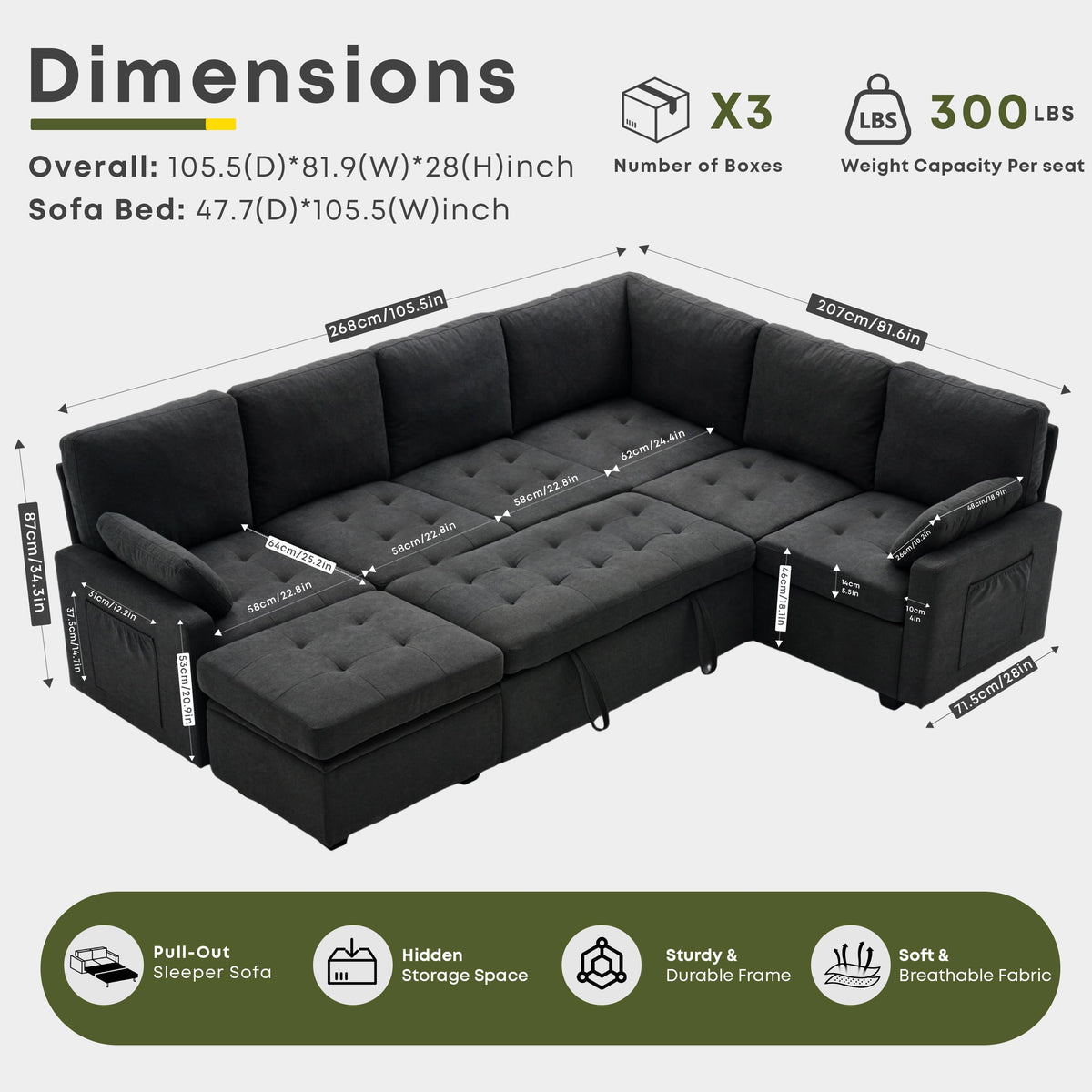 Leitonroom 105" Pull Out Couch with Storage, Sleeper Sofa, 7 Seat U Shaped Sectional Couches for Living Room, Family & Pet Friendly Chenille, Modular Sectional Couch with Removable Covers, Black